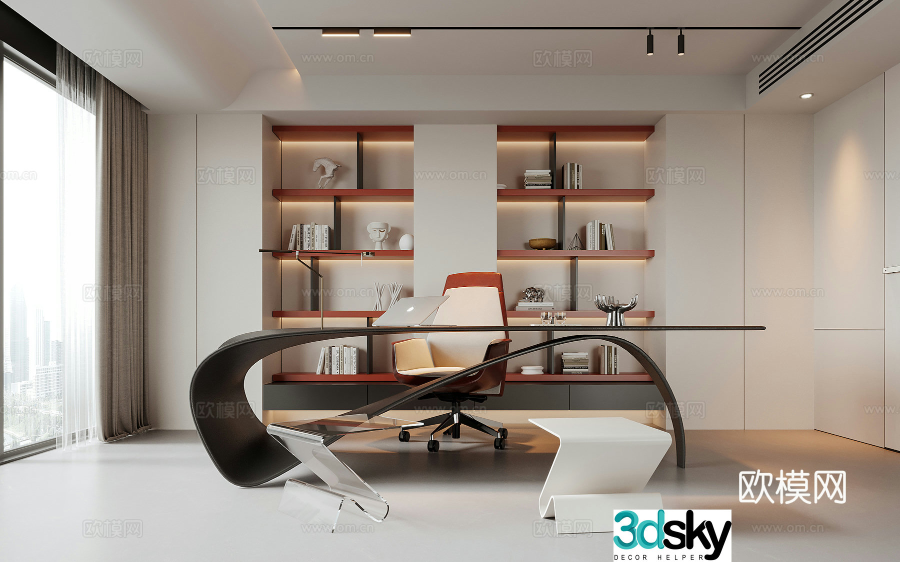 Modern study desk chair office desk chair bookcase 3d model