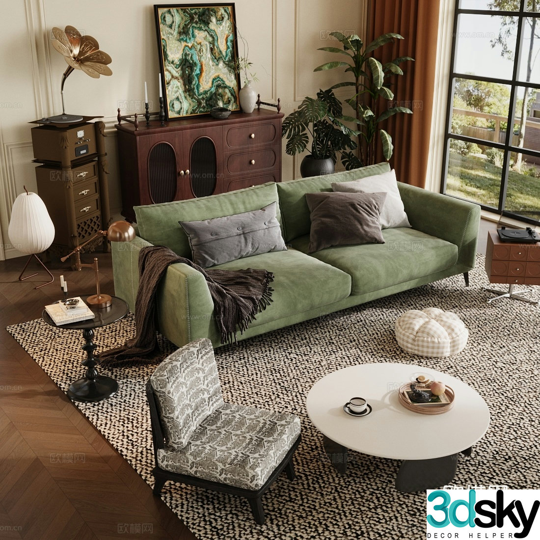 Medium-old home living room horizontal living room sofa coffee table combination retro living room chest of drawers 3d model