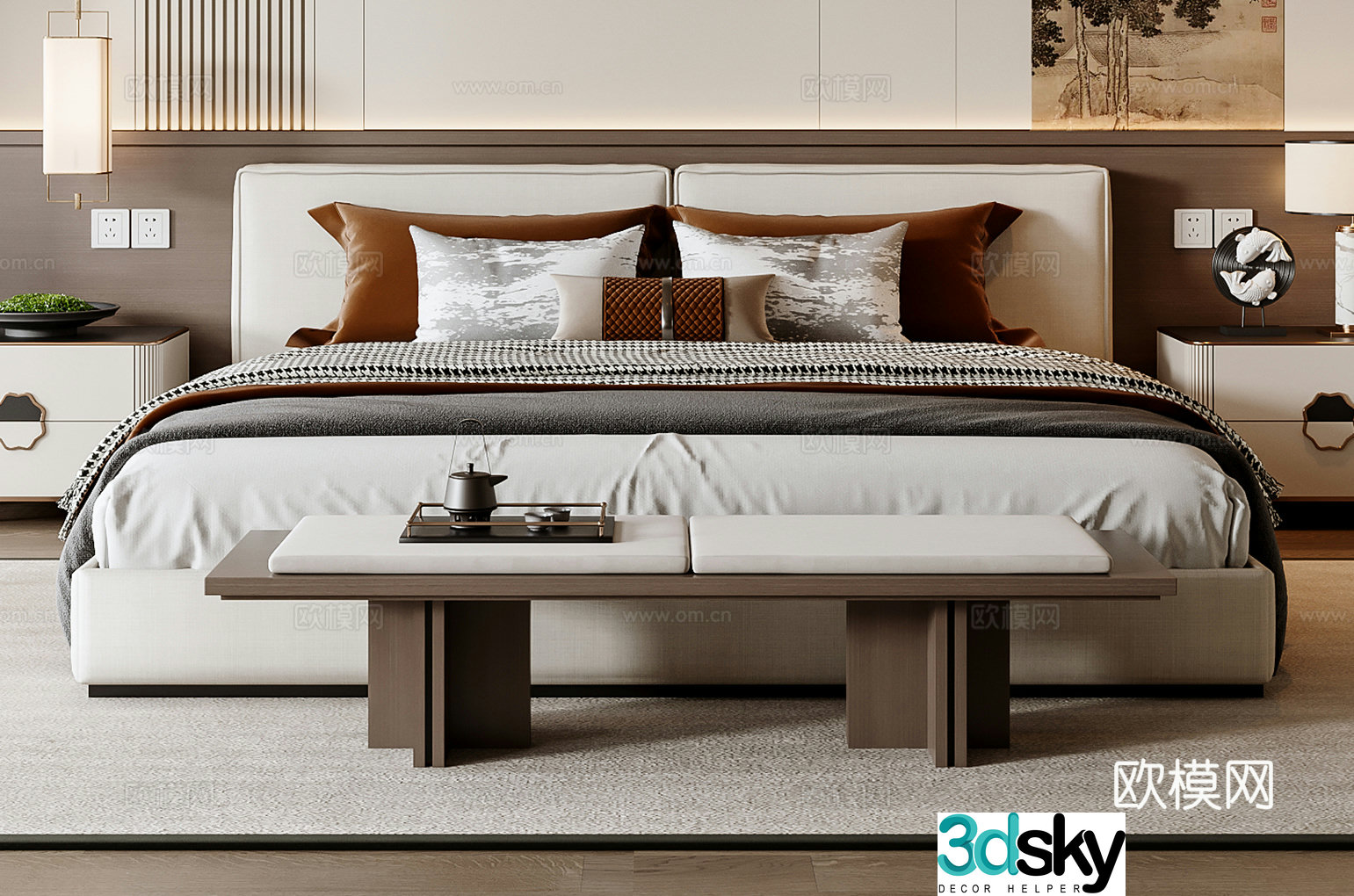 New Chinese style double bed 3D model