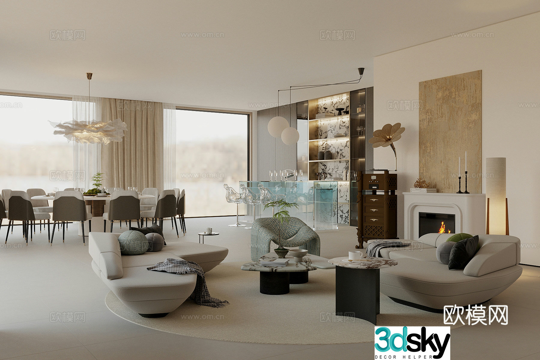 Modern home living and dining room Living room Large living room Open dining room 3D model