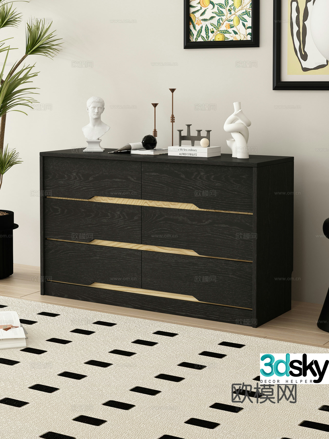 Middle style chest of drawers storage cabinets chest of drawers six chest of drawers abstract painting sculpture books 3d model