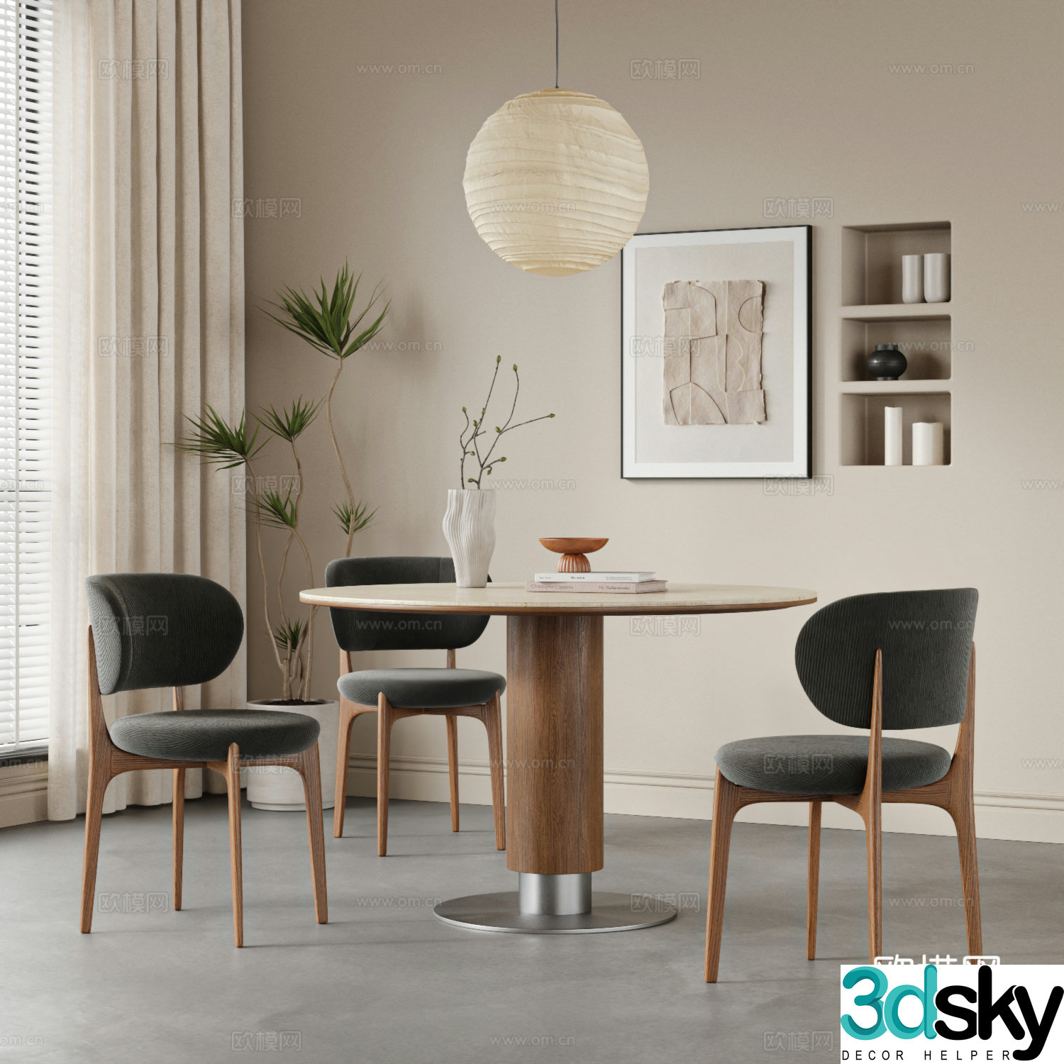 Middle style restaurant dining table and chair combination round dining table and chair Wasabi dining table and chair retro dining table and chair 3D model