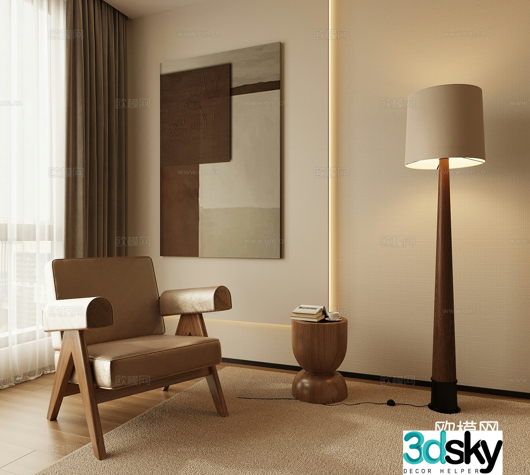 Middle-aged floor lamp leisure chair decorative painting side 3D model