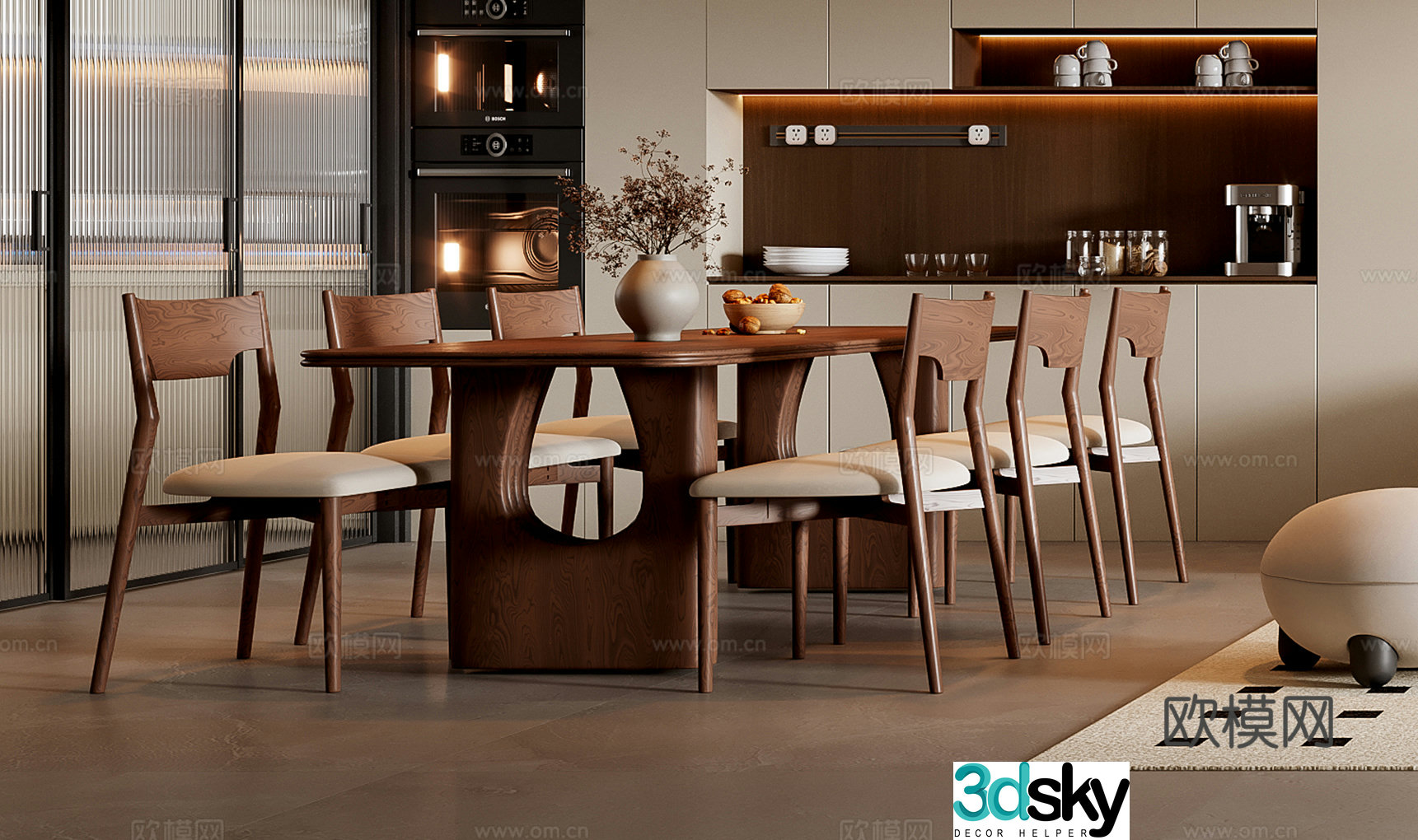 Medium style dining table and chair combination 3D model
