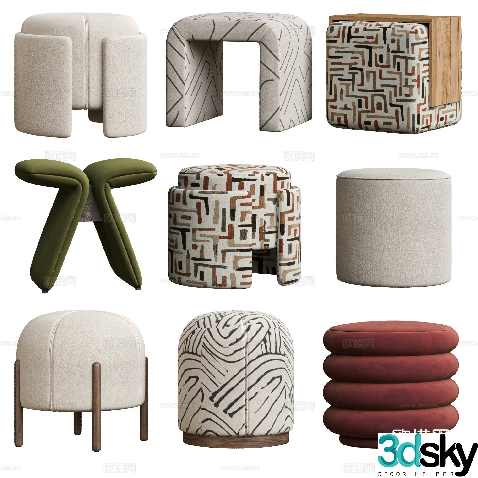 Modern medieval stool combination sofa stool shoe change stool small stool round stool low stool 3d model