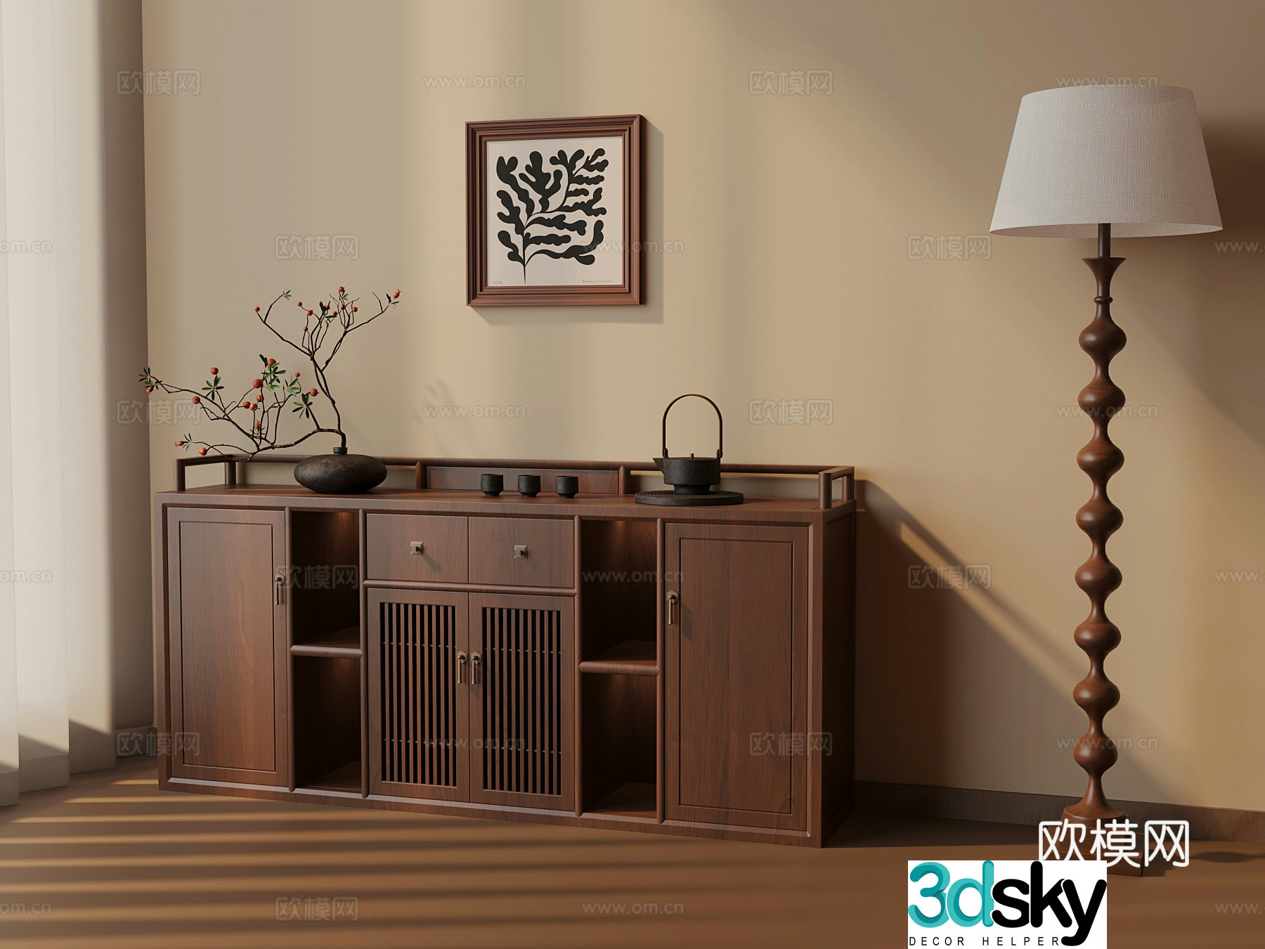 New Chinese style tea cabinet tea set floor lamp 3d model