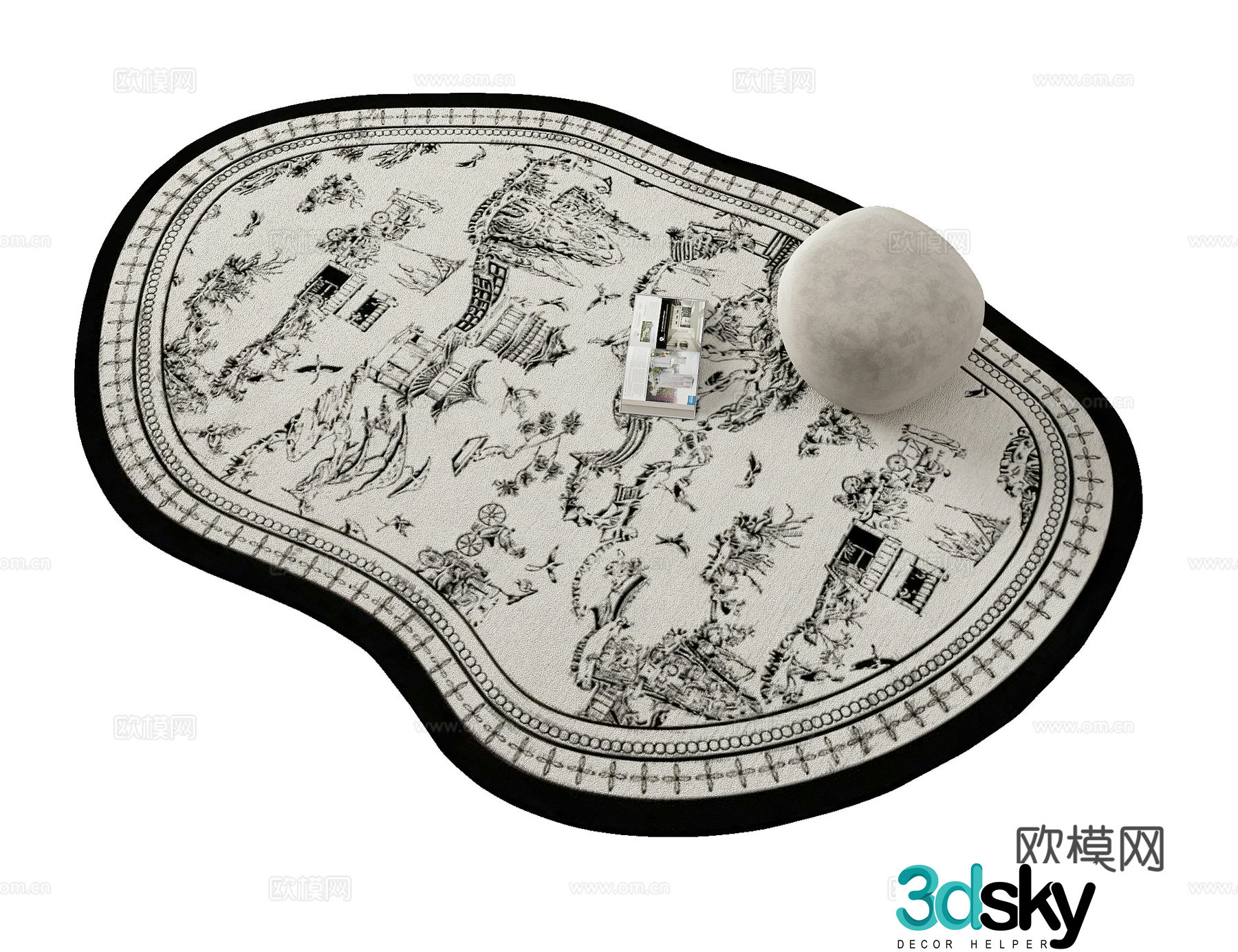 New Chinese style black and white pattern special shape living room carpet bedroom carpet 3d model