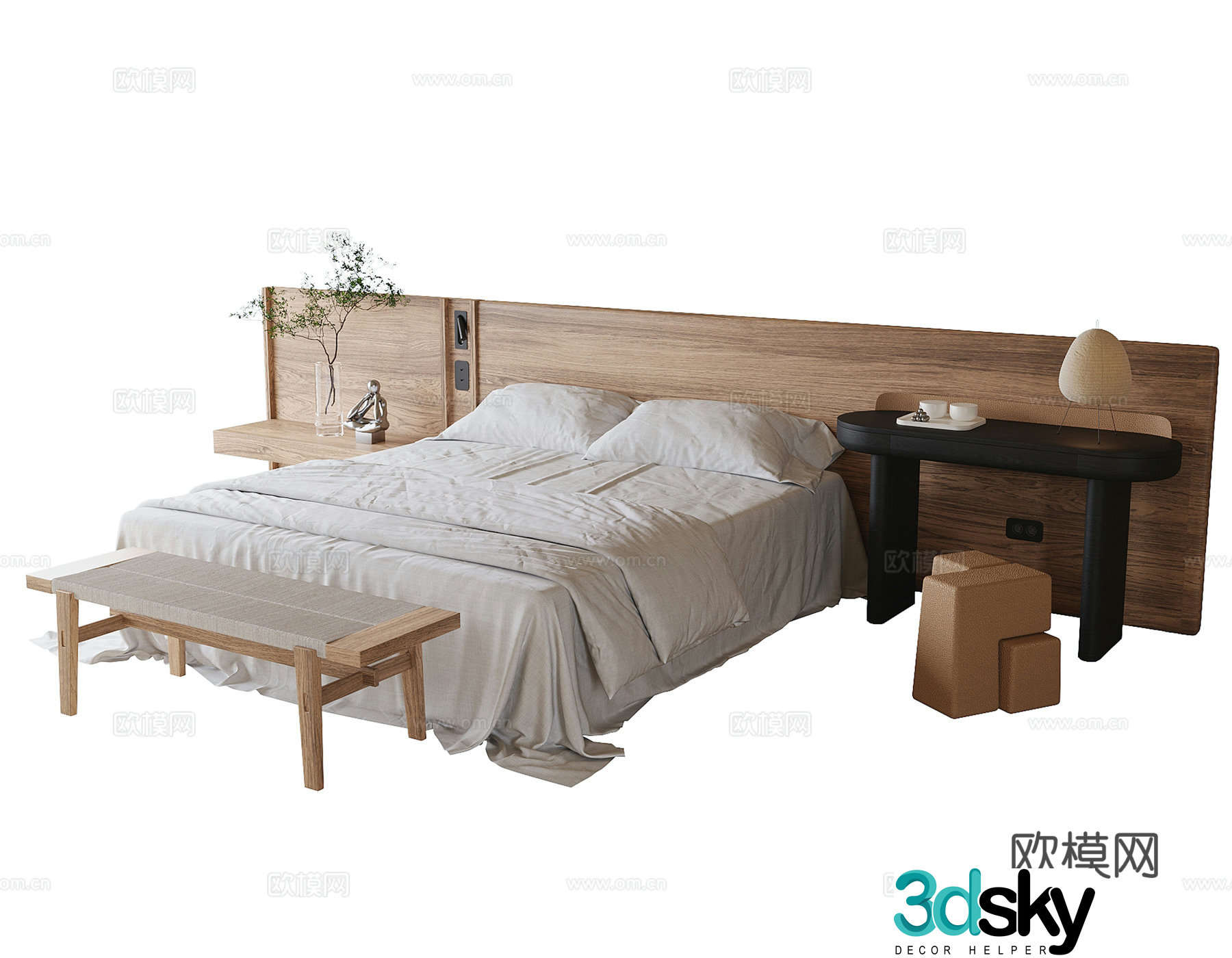 Modern double bed bed tail stool dressing table 3d model