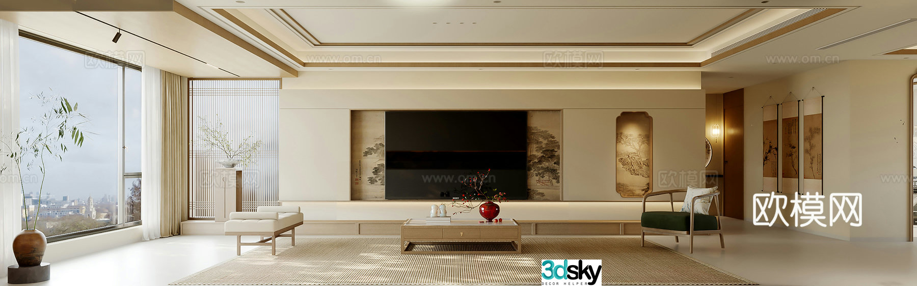 Song style living room TV background wall sofa coffee table combination 3D model