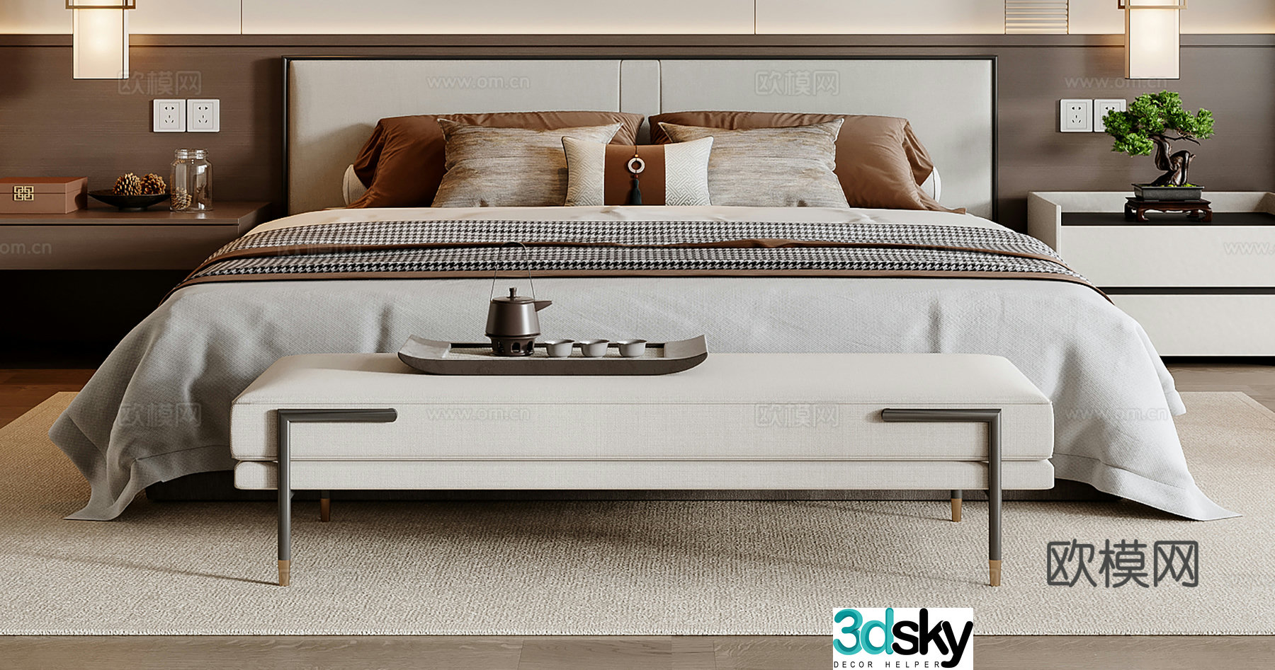 New Chinese style double bed 3D model