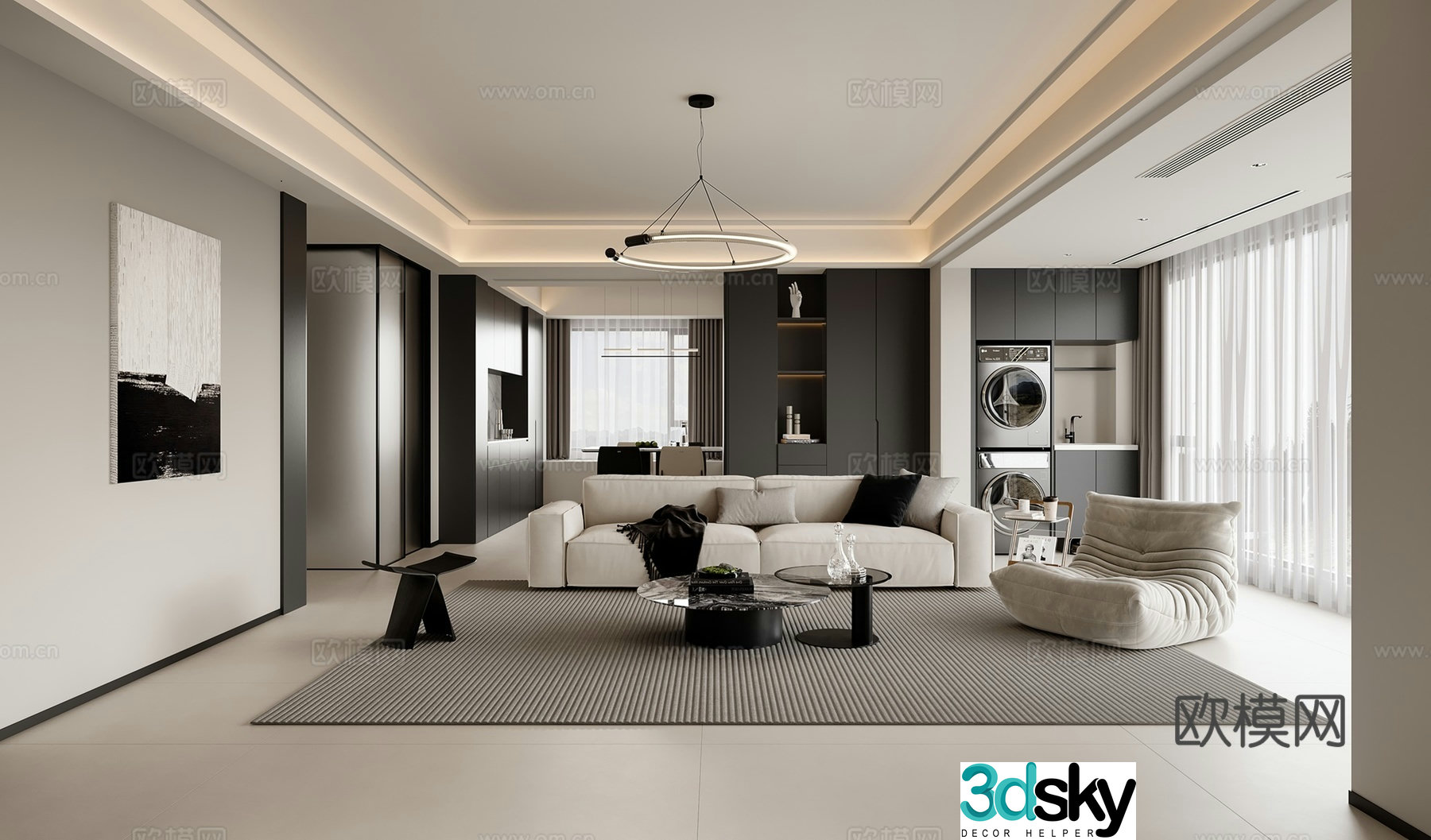 Modern black white and gray living and dining room balcony 3d model