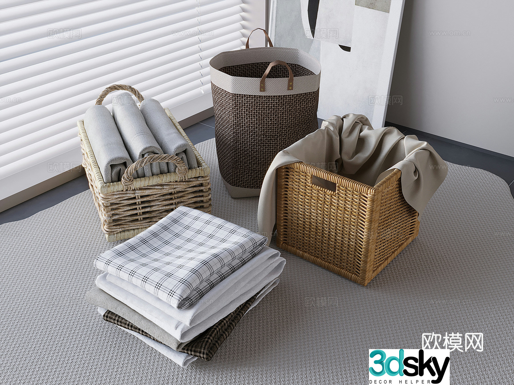 Woven storage basket lattice cabinet Clothes basket straw woven storage basket Storage box Clothes storage box 3D model
