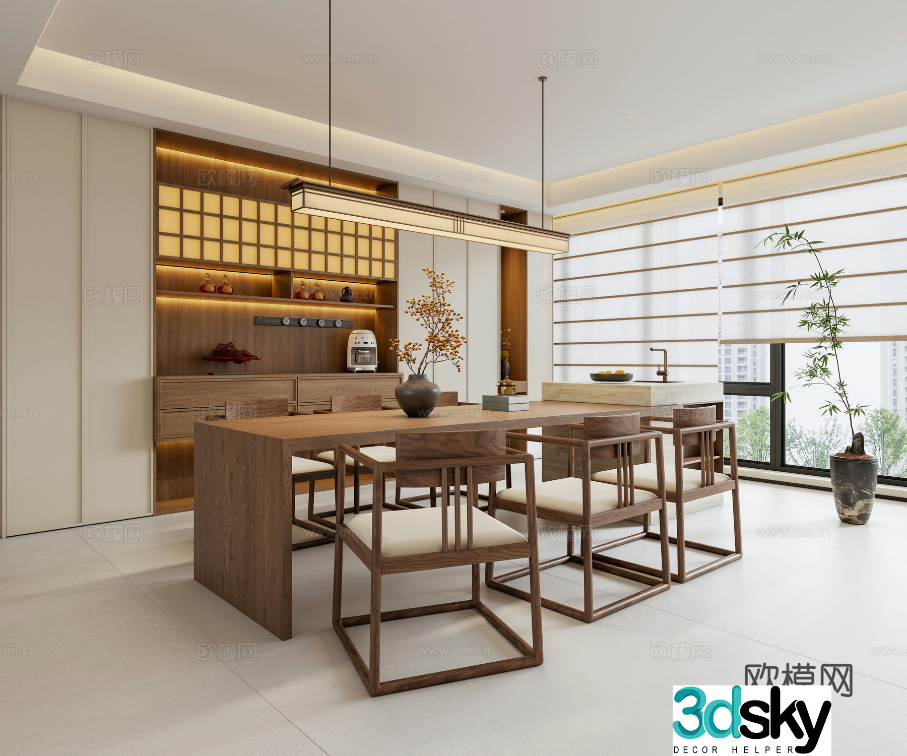 Zen New Chinese Restaurant Island Dining Table and Chair Combination Song-style Restaurant Chandelier Western Kitchen Side Cabinet 3D Model