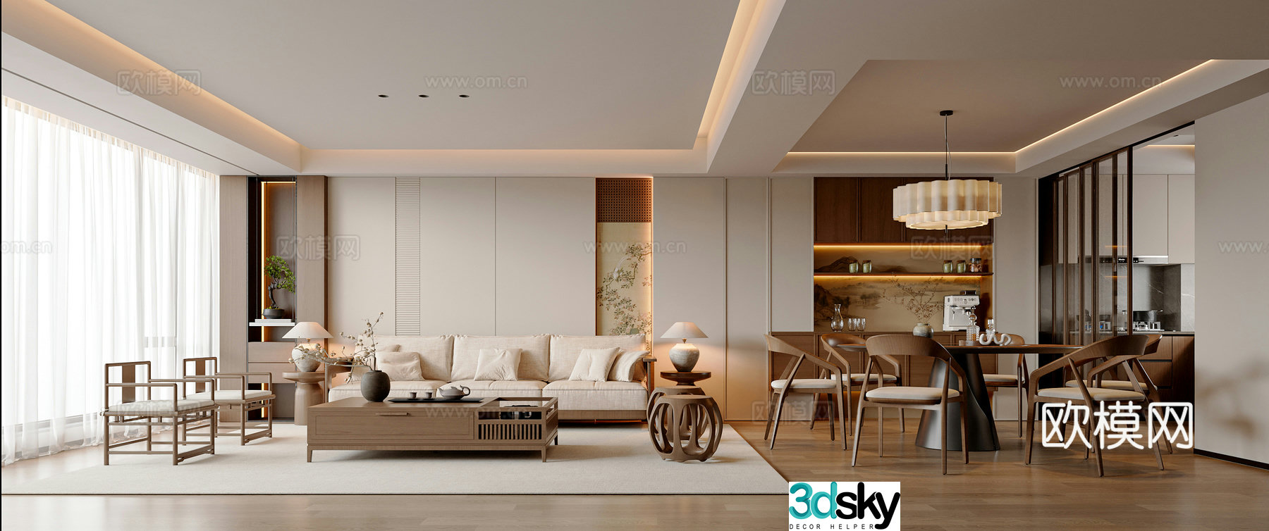 Modern new Chinese living and dining room sofa and coffee table combination round dining table dining chair sideboard leisure chair 3d model