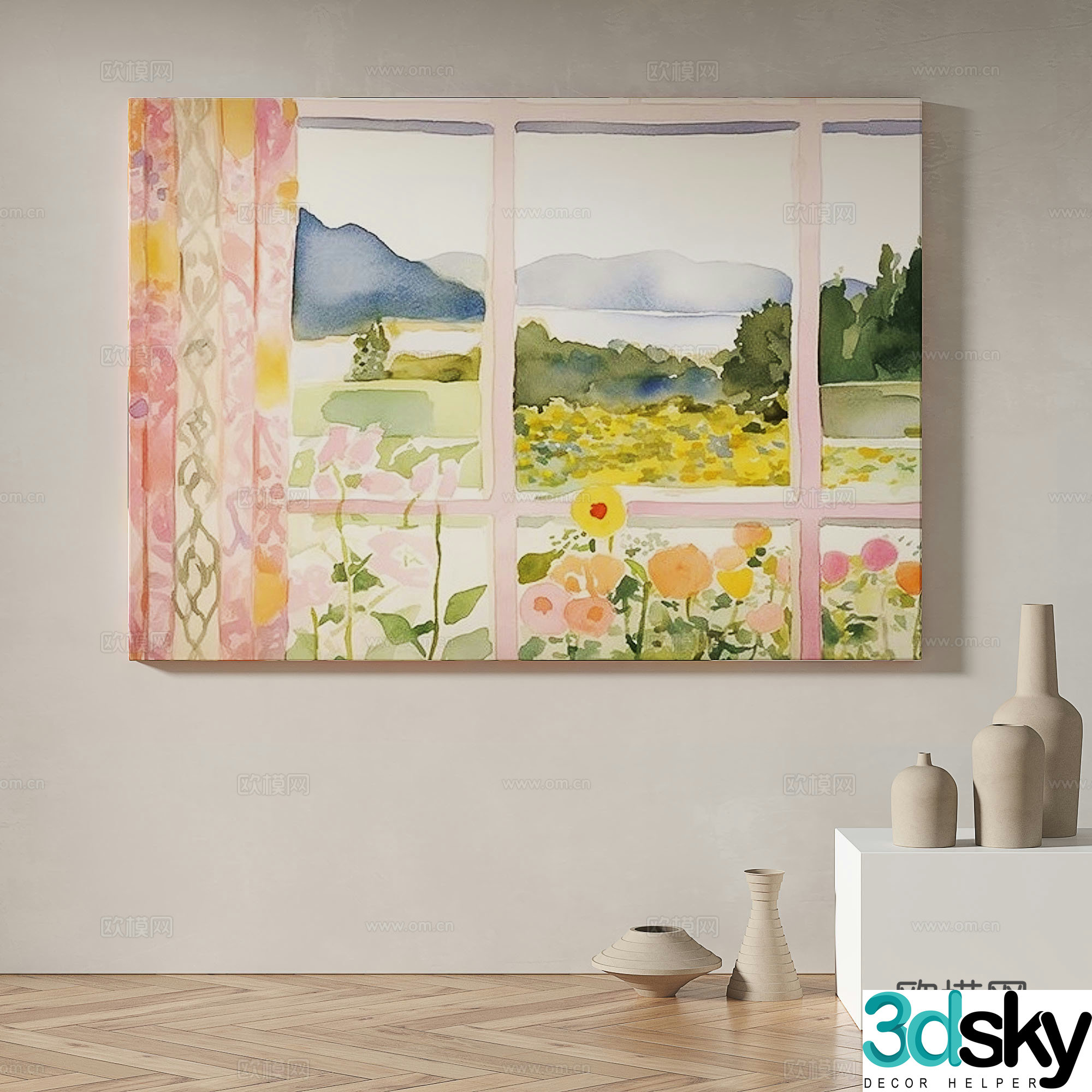 Modern minimalist abstract retro oil painting cream style decorative painting 3d model 3d model