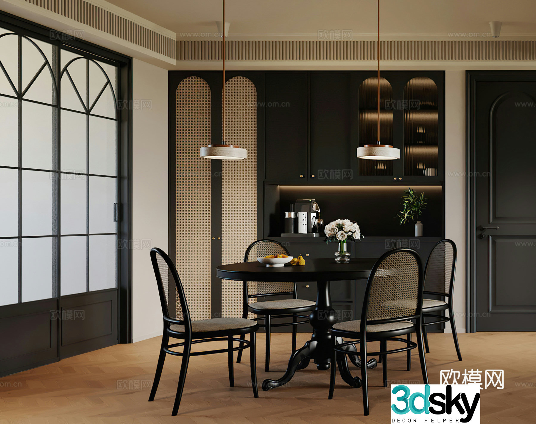 Medium style restaurant French restaurant Round dining table Wine cabinet Retro restaurant Medium style living restaurant 3d model