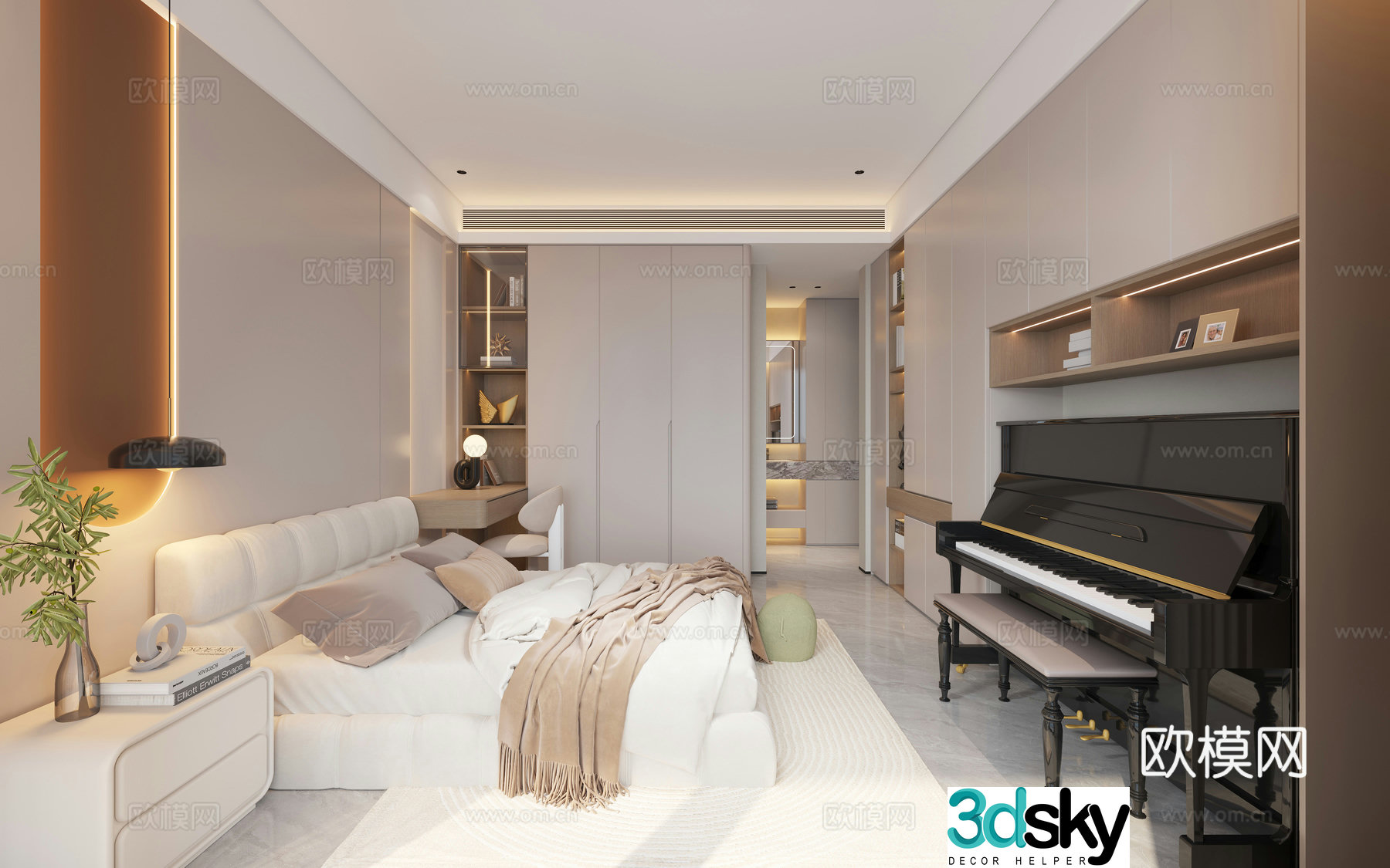 Modern Cream Minimalist Bedroom Girl Room 3d Model