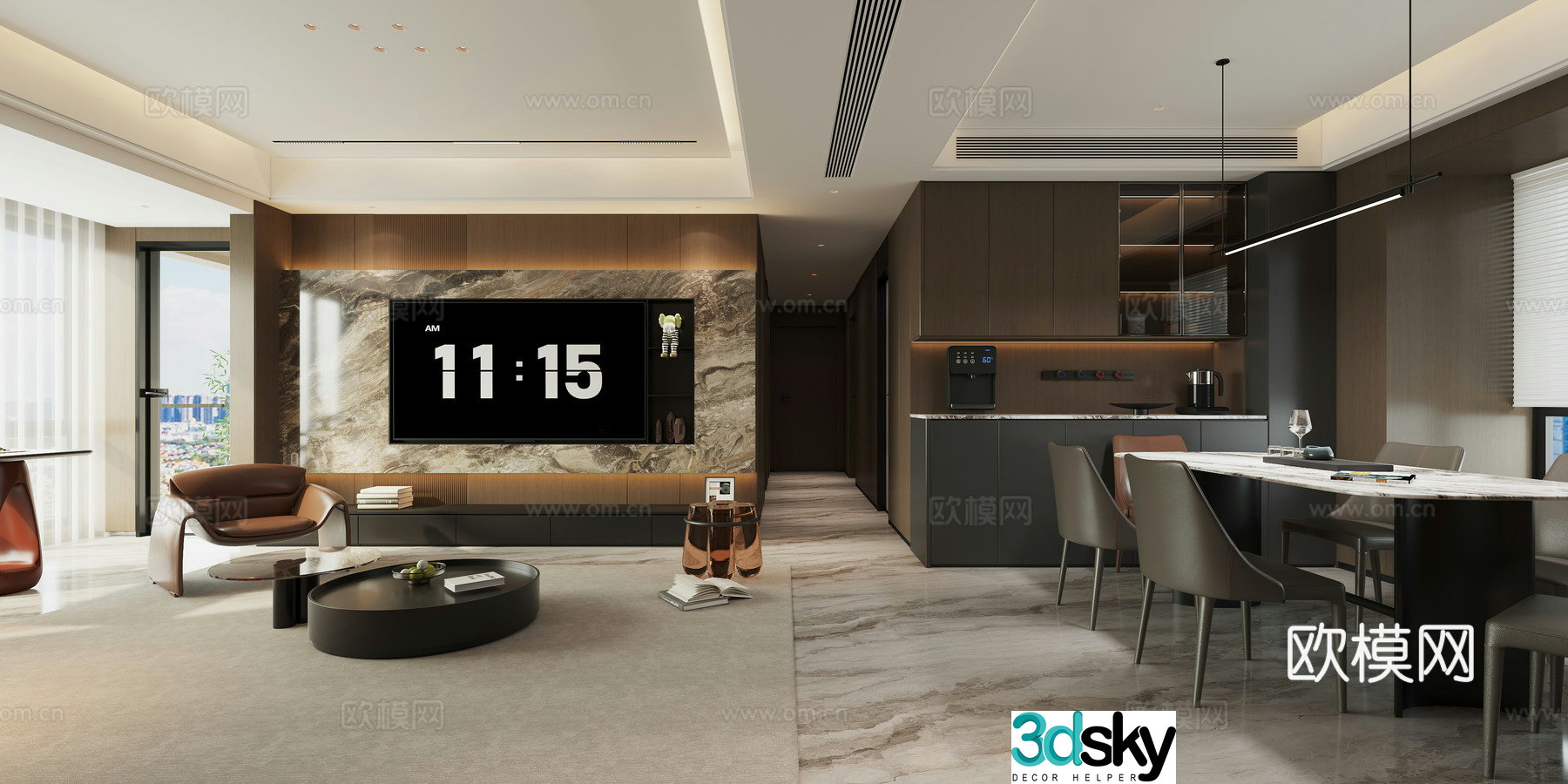 Italian minimalist modern living and dining hall entrance 3d model 3d model