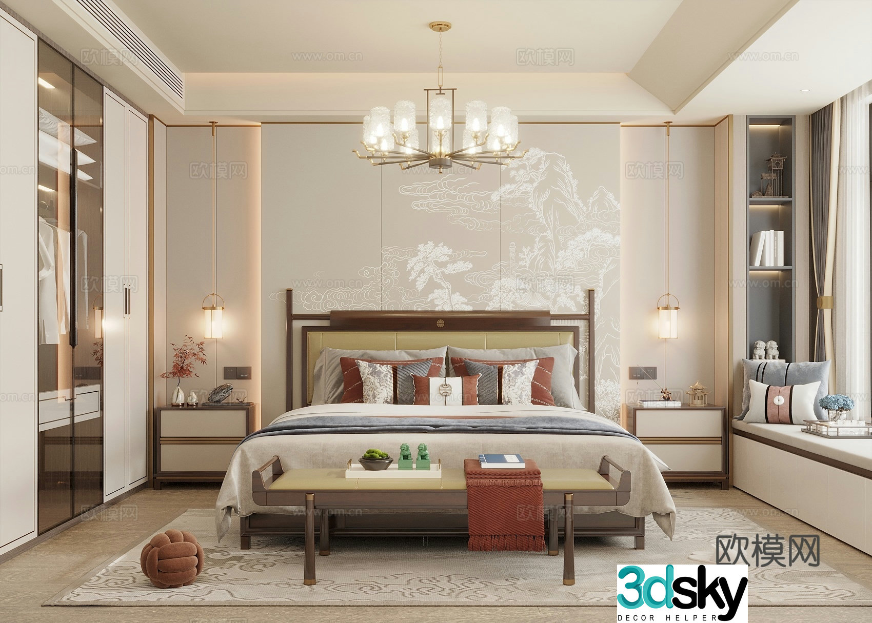 Song style new stroke bedroom bedside background wall double bed wardrobe bay window cabinet bedside table 3D model
