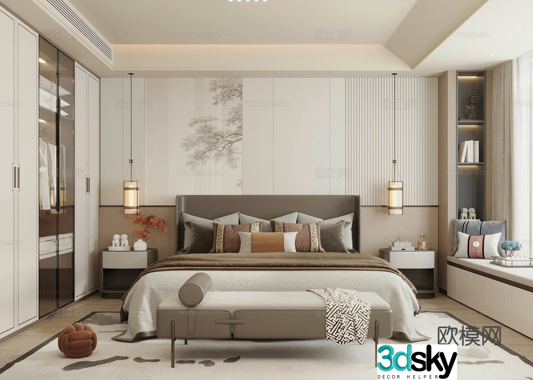 Song style new stroke bedroom bedside background wall double bed wardrobe bay window cabinet bedside table hanging 3d model