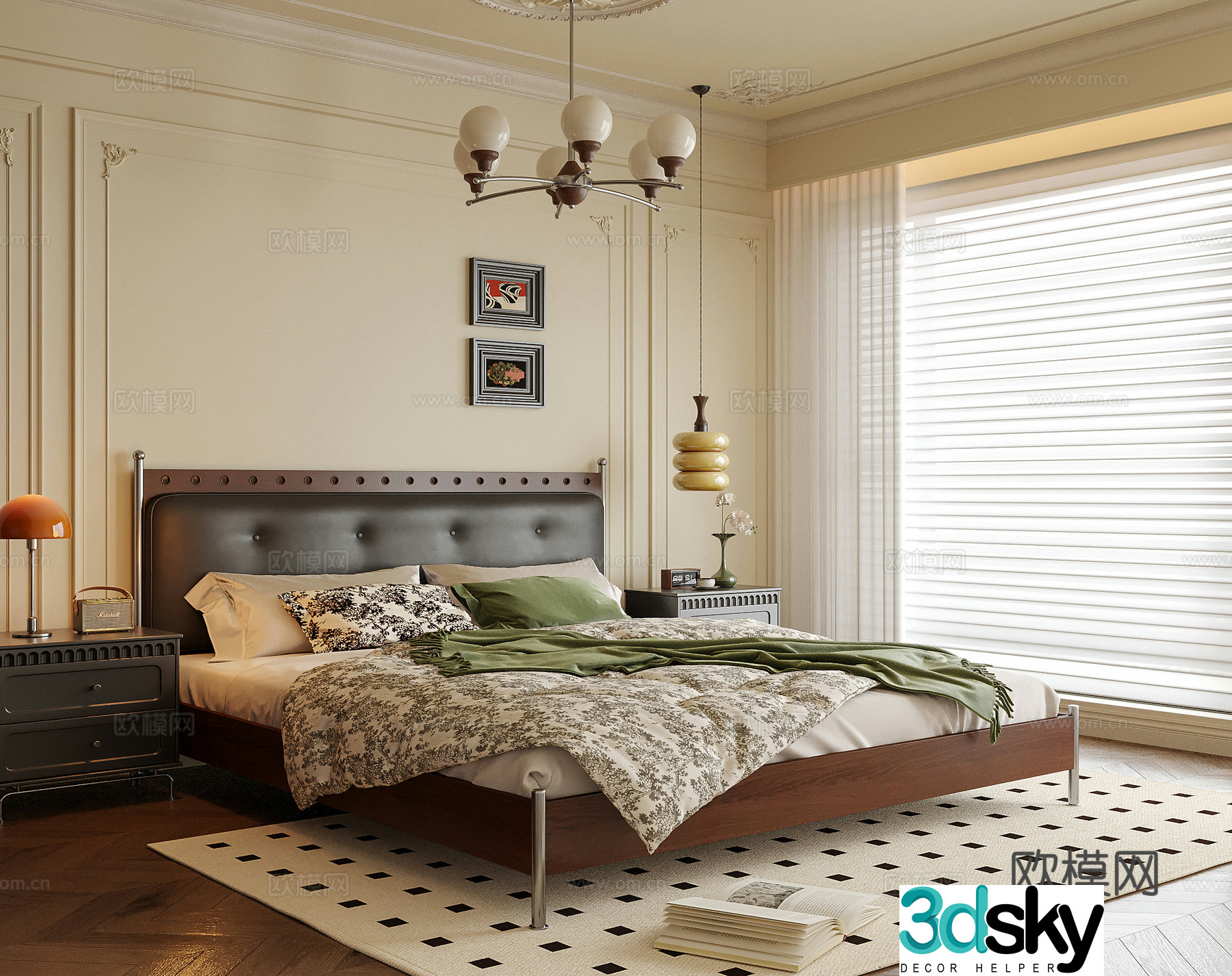 French bedroom double bed nightstand bedroom chandeliers 3d model