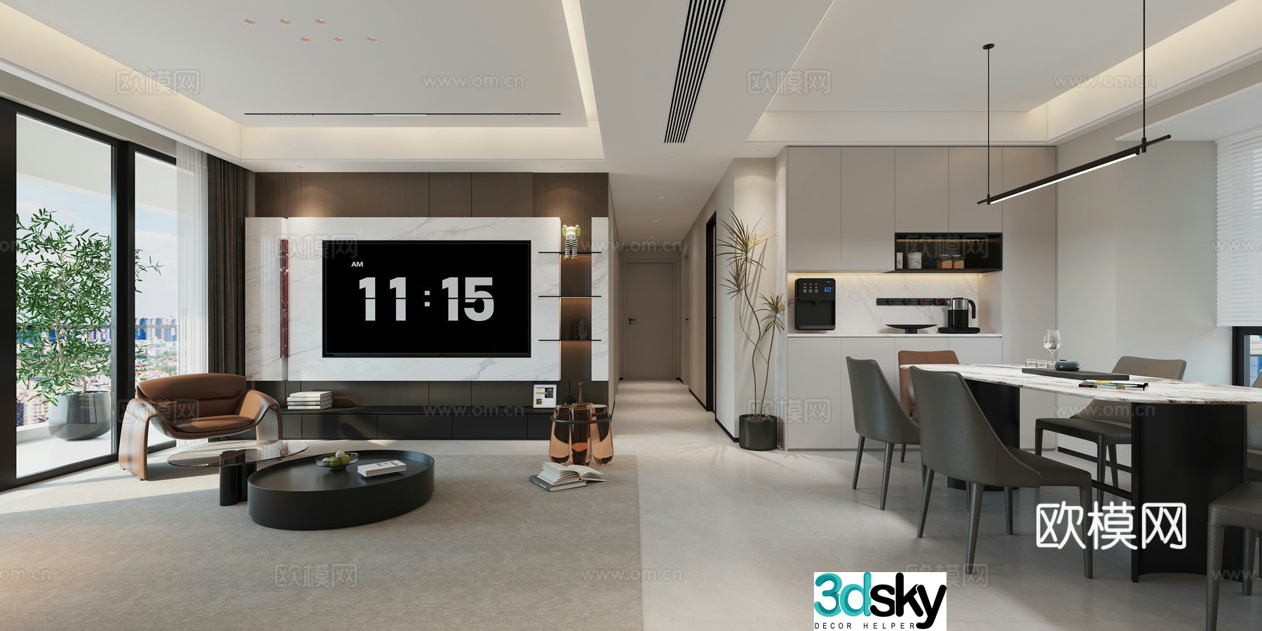 Italian minimalist style modern style living and dining room entrance 3d model