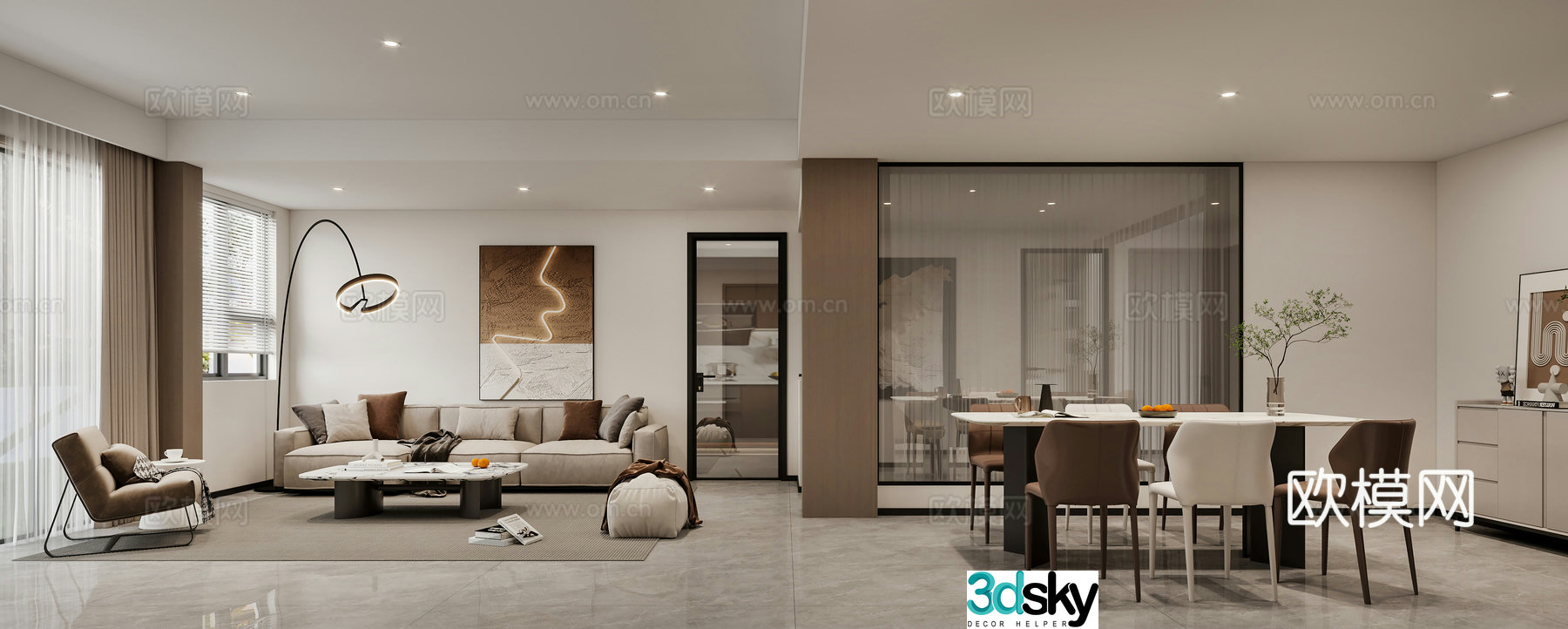 Modern living and dining room 3d model