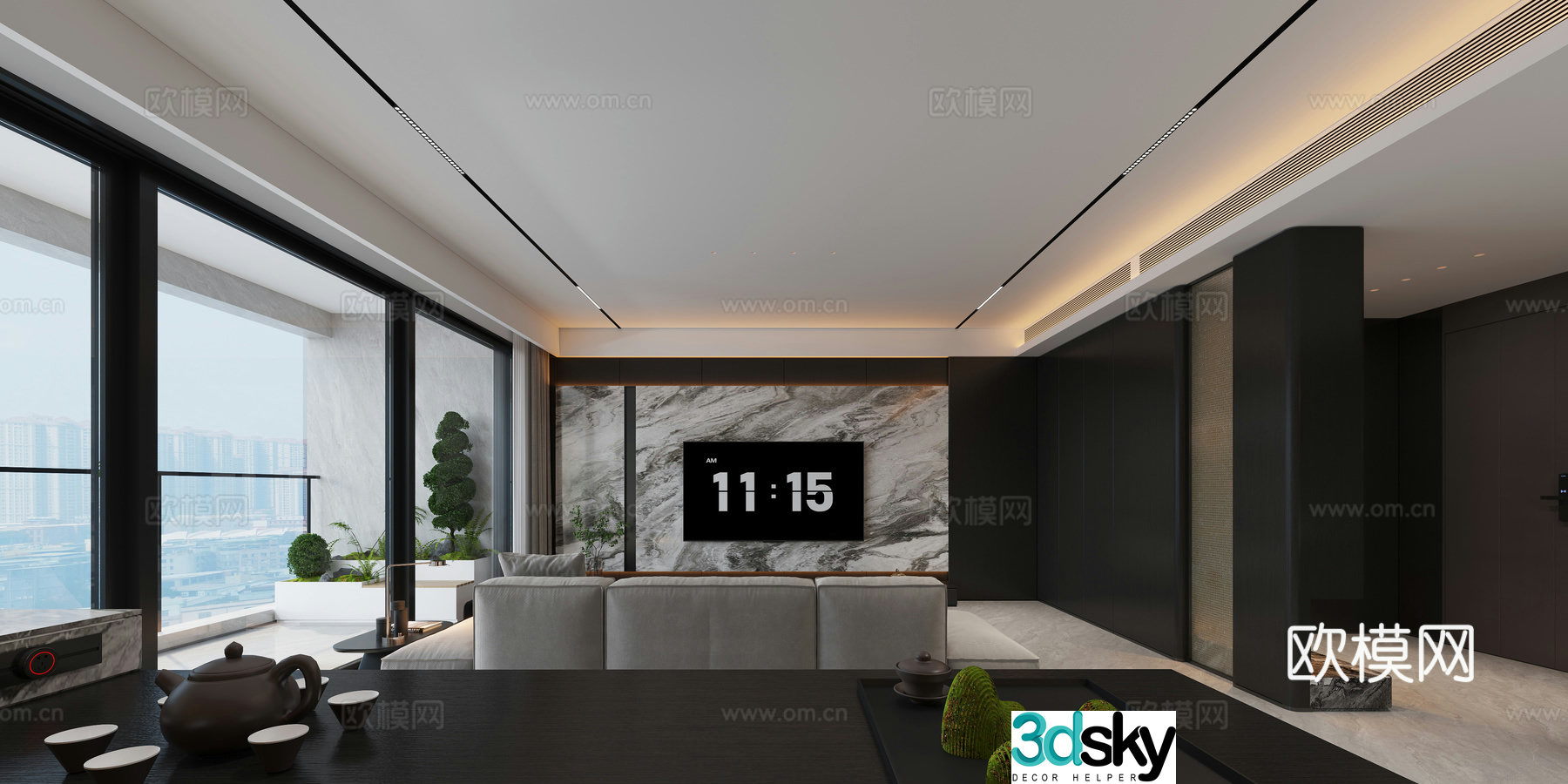 Dark style modern minimalist Italian living and dining hall entrance 3d model