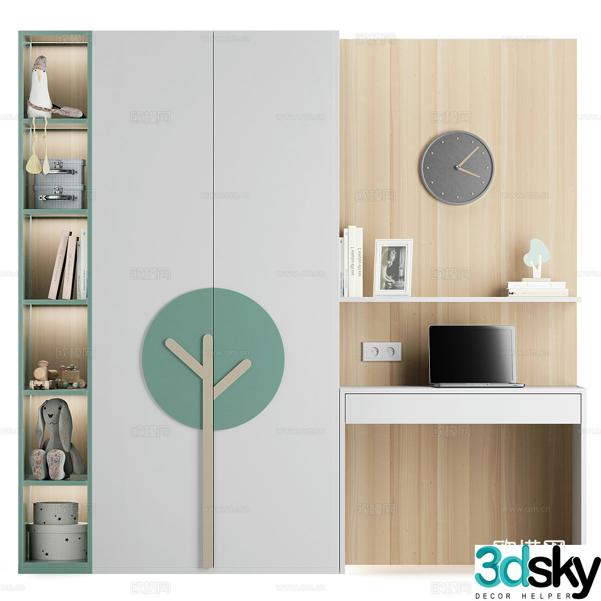 Modern Nordic children’s bookcase wardrobe combination 3D model