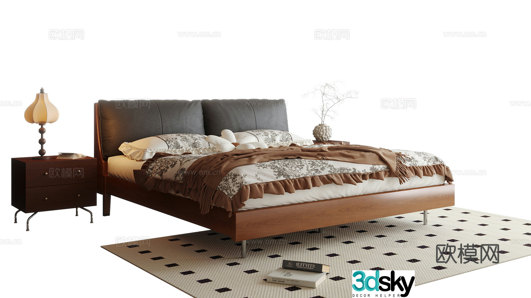 French double bed nightstand desk lamp 3d model