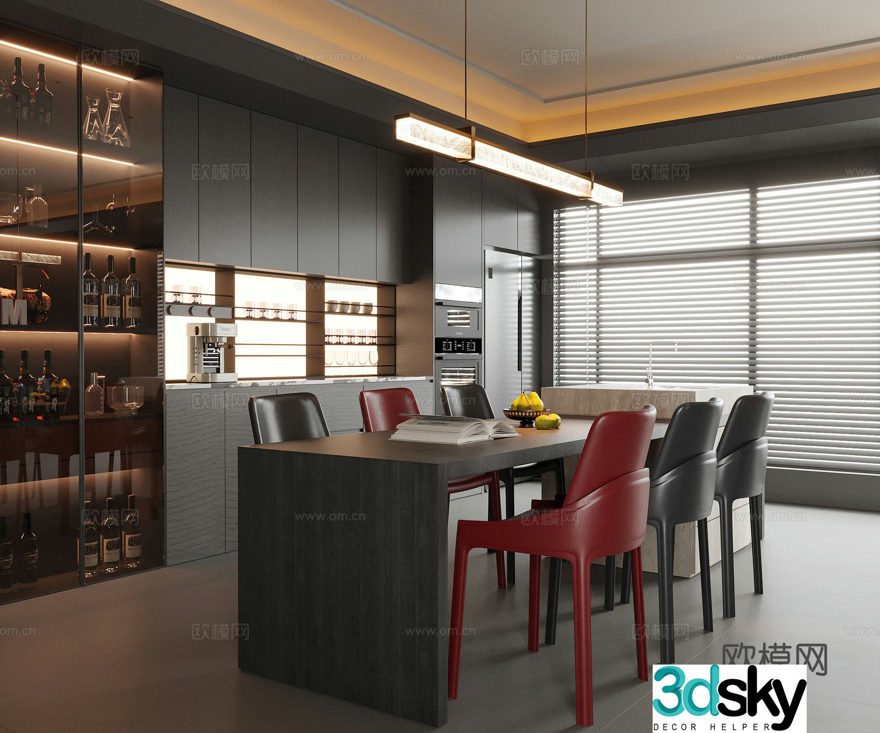 Modern island restaurant sideboard dining table and chair wine cabinet 3d model