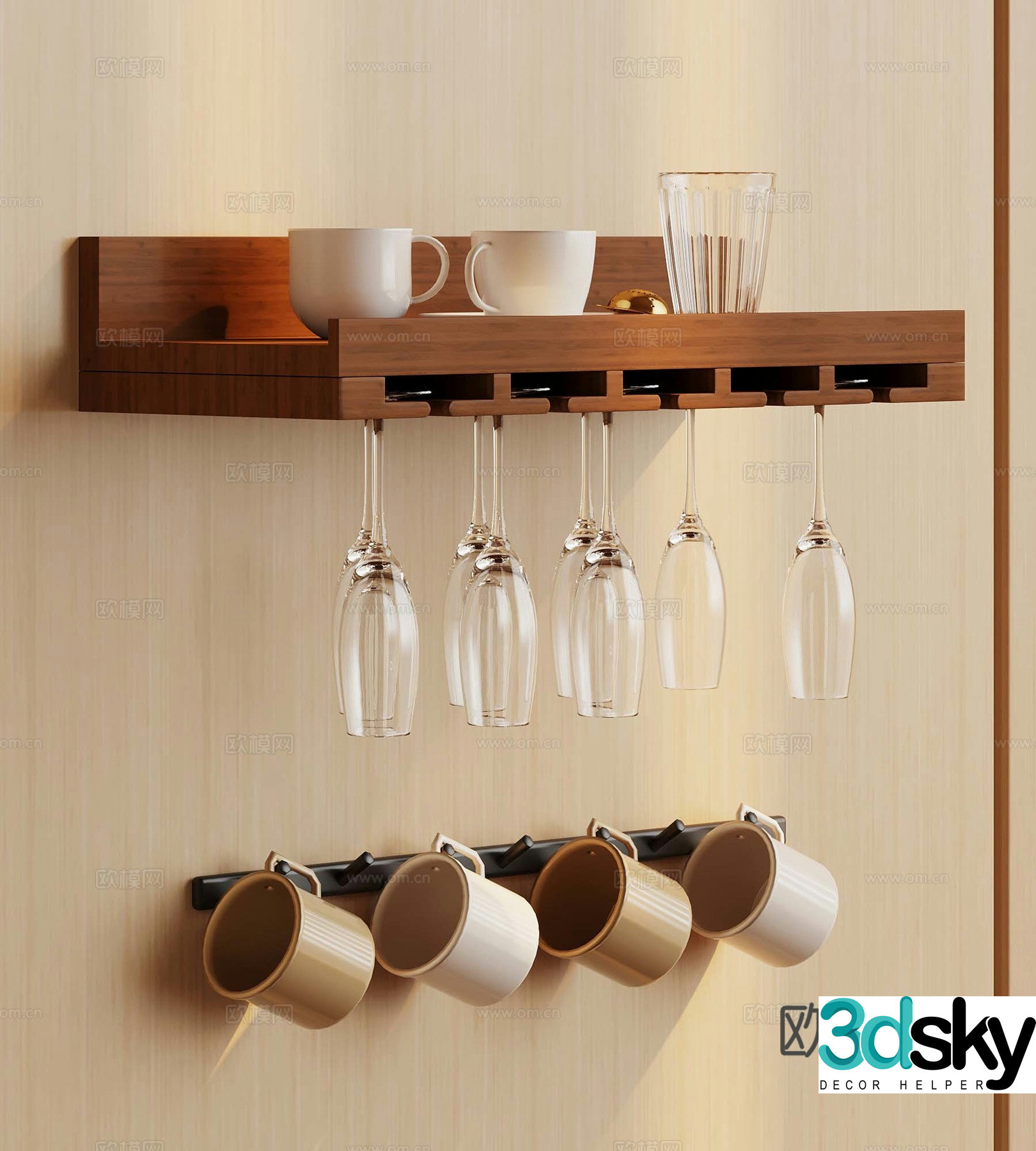 Modern hanging cup holder wooden hanging cup holder 3D model