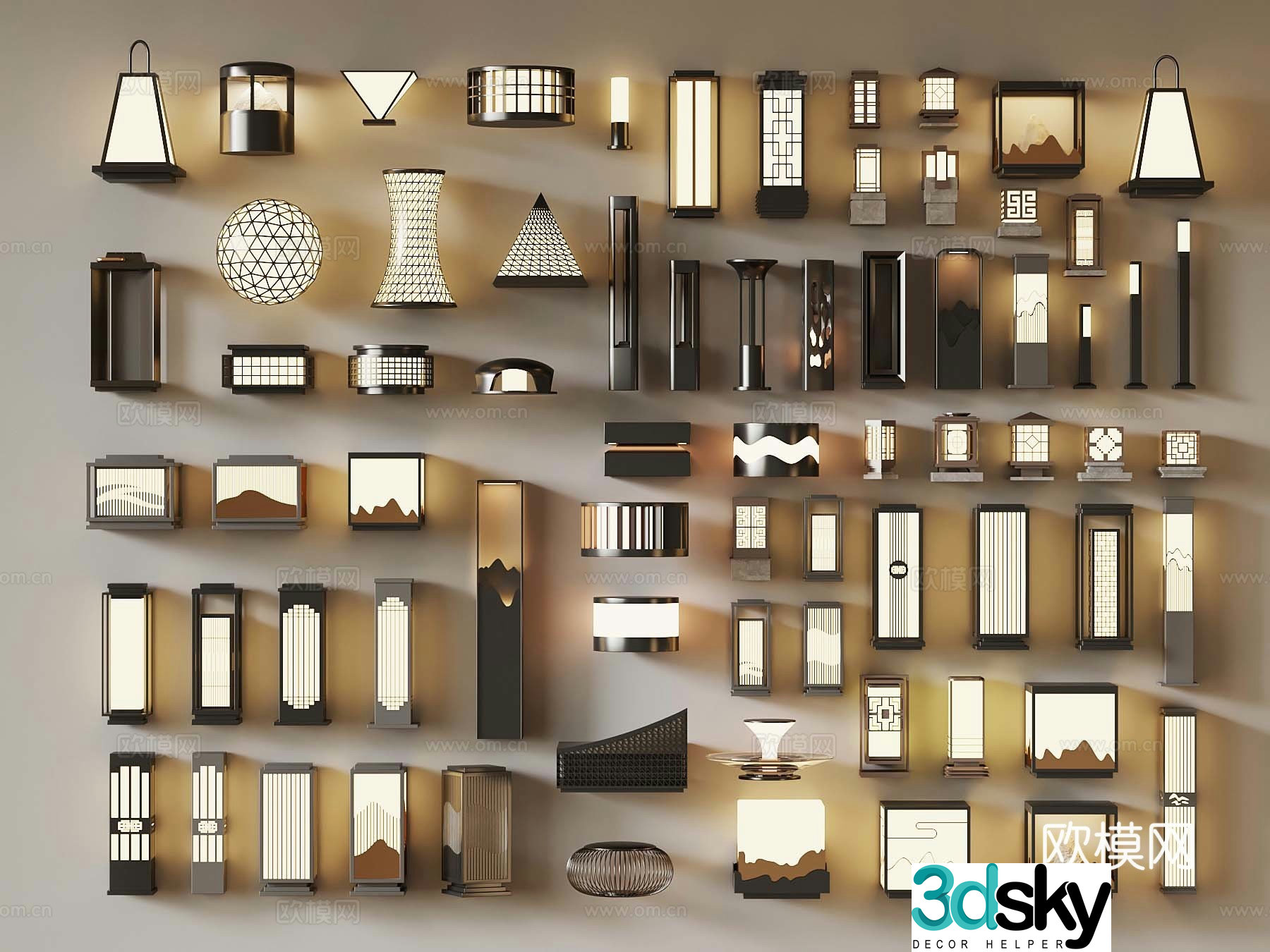 New Chinese style courtyard lights New Chinese style outdoor light combination Landscape light combination 3D model