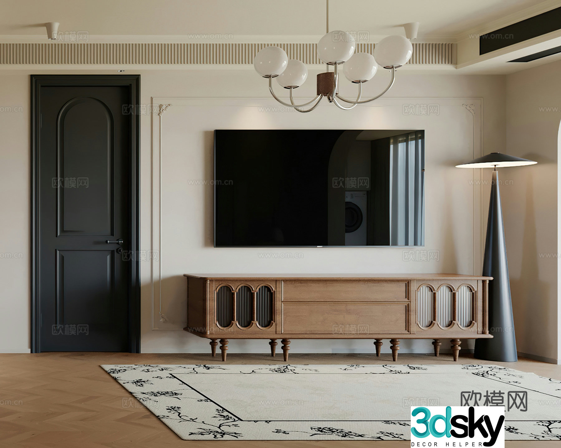 Middle style TV cabinet French TV cabinet TV background wall living room chandelier floor lamp 3d model