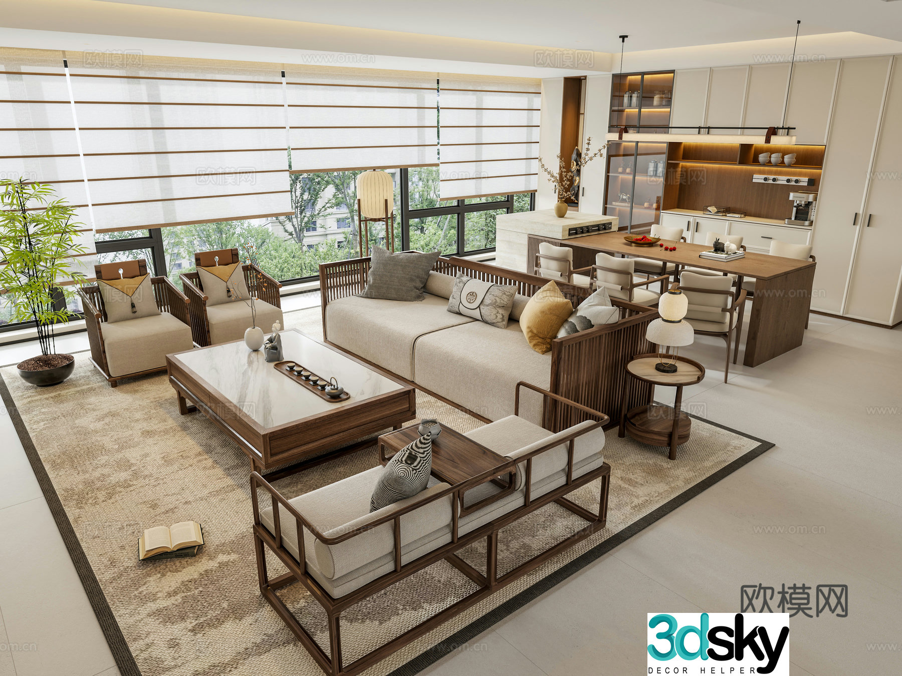 Zen New Chinese Style Home Living and Living Restaurant Large Flat Layerless Lamp Horizontal Room Fabric Sofa Coffee Table Combination 3D Model