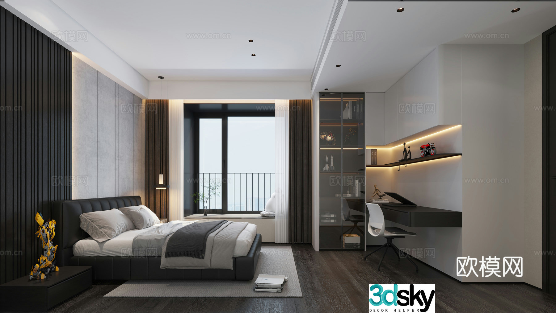 Modern Italian minimalist dark style boy room bedroom 3d model