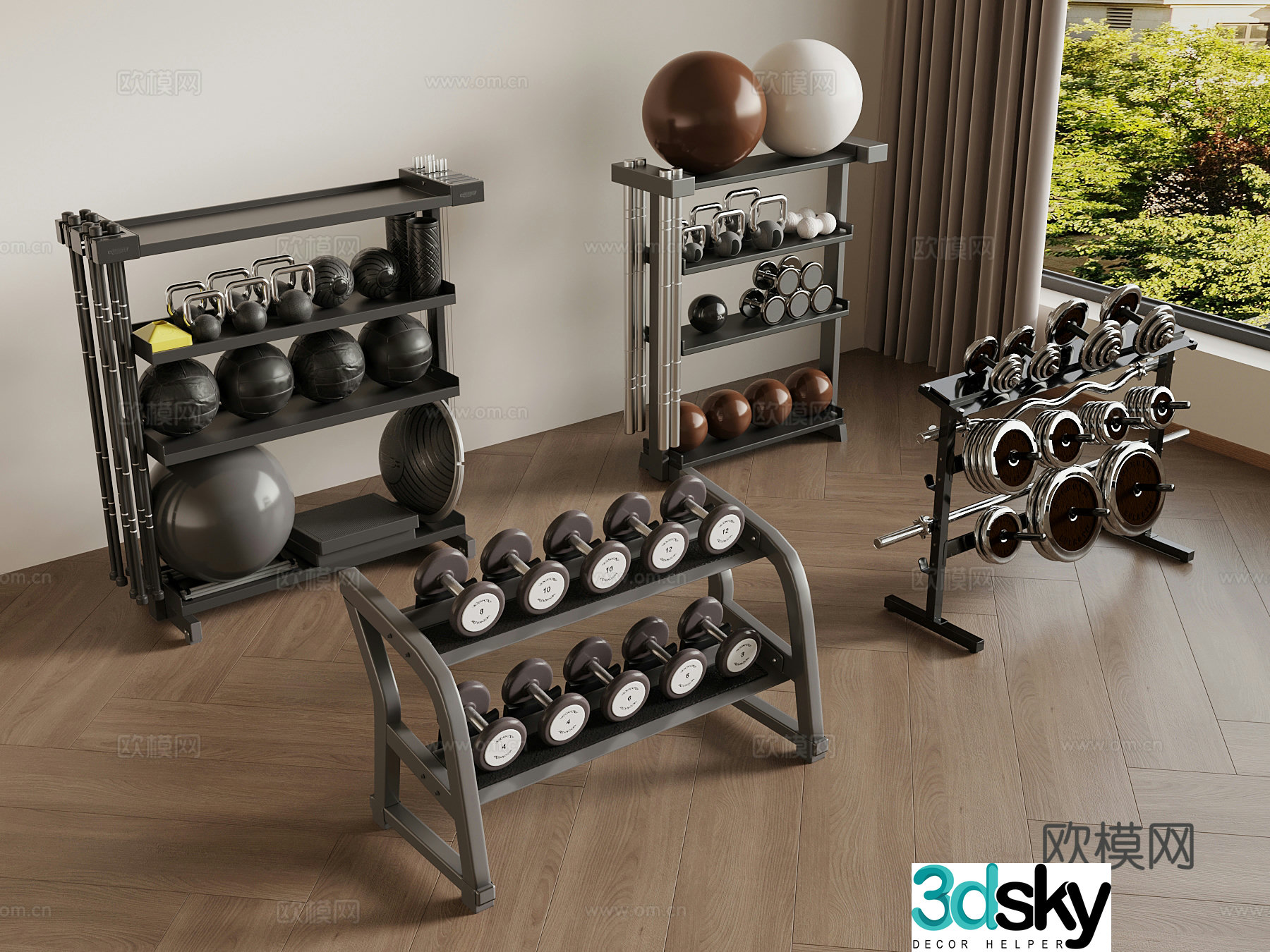 Modern fitness equipment barbell dumbbell yoga ball 3d model