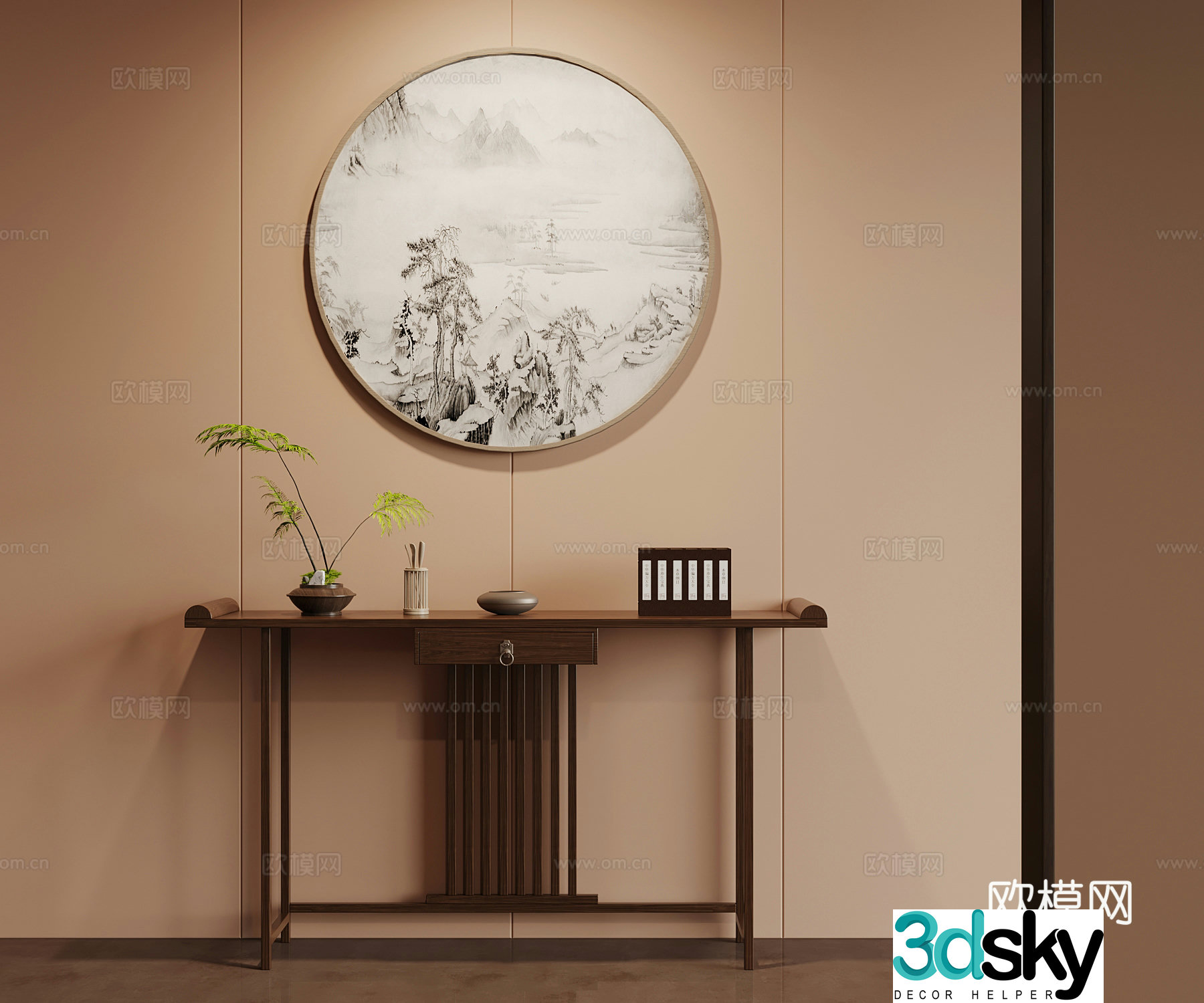 New Chinese style end viewing platform wall decoration green plant ornament 3D model