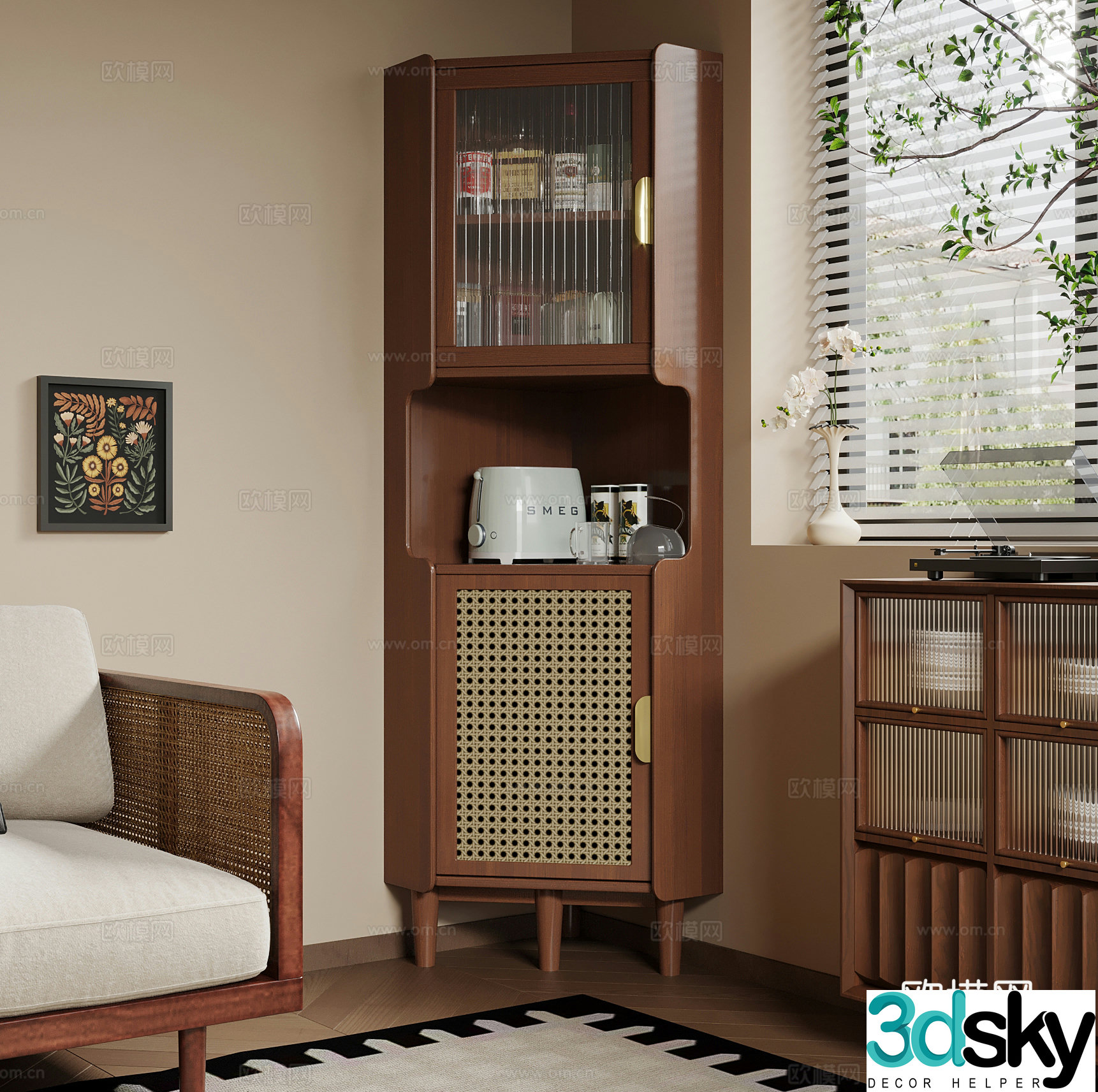 Wasabi Middle Style Bookshelf Corner Cabinet Three-legged Cabinet Decorative Ornament Wine Cabinet 3D Model