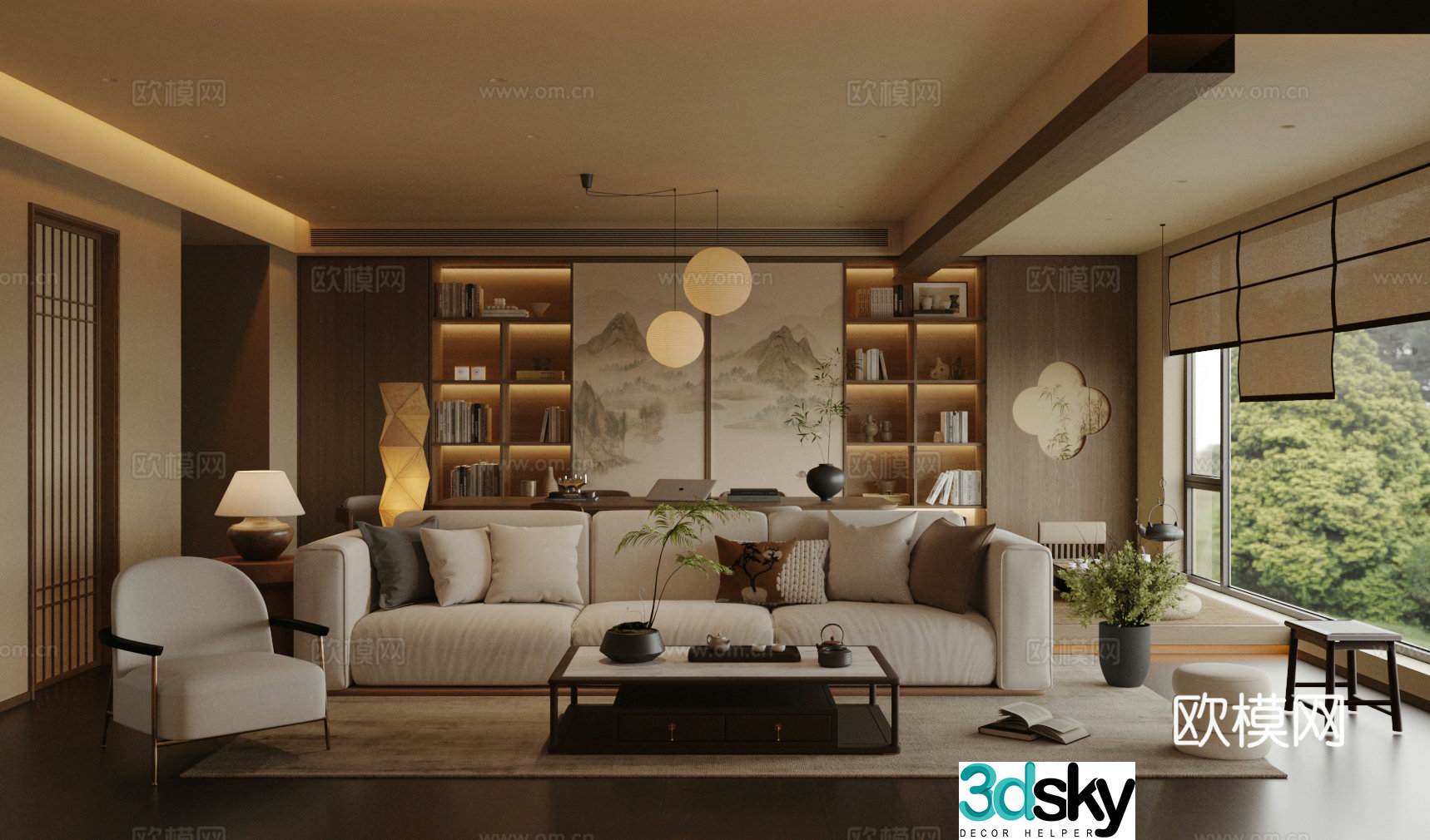 New Chinese Zen Living Restaurant Chinese Song Living Room Chinese Sofa Coffee Table Combination Sideboard 3D Model