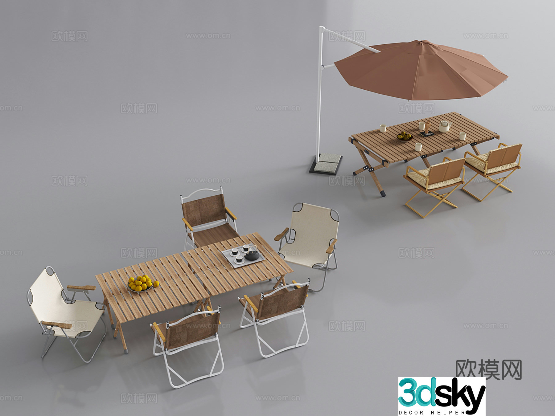 Modern outdoor table and chairs BBQ table and chairs Camping table Parasol 3d model