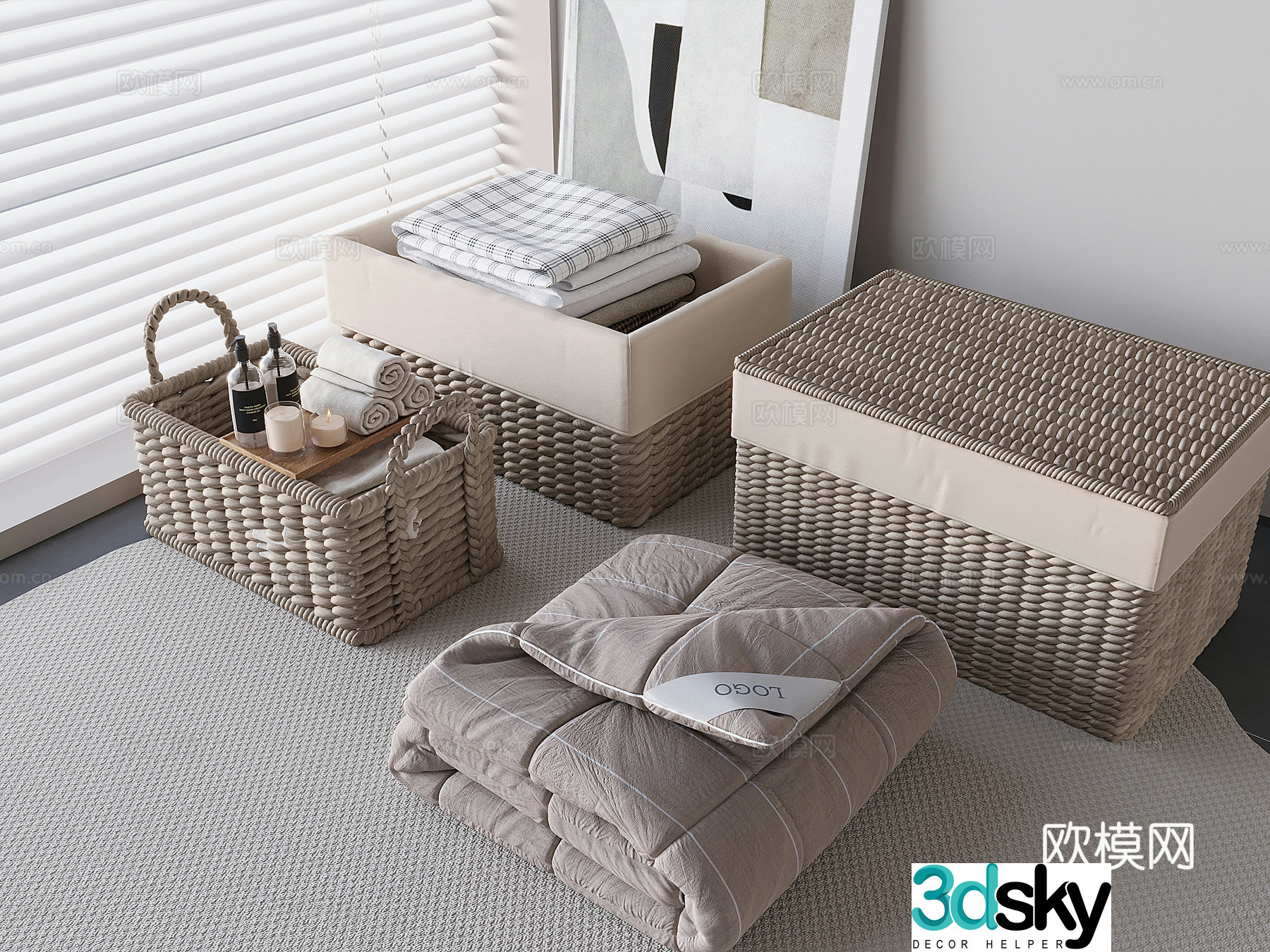 Woven storage basket storage basket Clothing basket straw woven storage basket Storage box Clothing storage box Aromatherapy feather 3D model