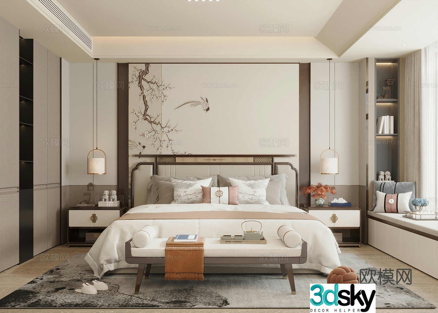 Song style new stroke bedroom bedside background wall double bed wardrobe bay window cabinet bedside table 3D model