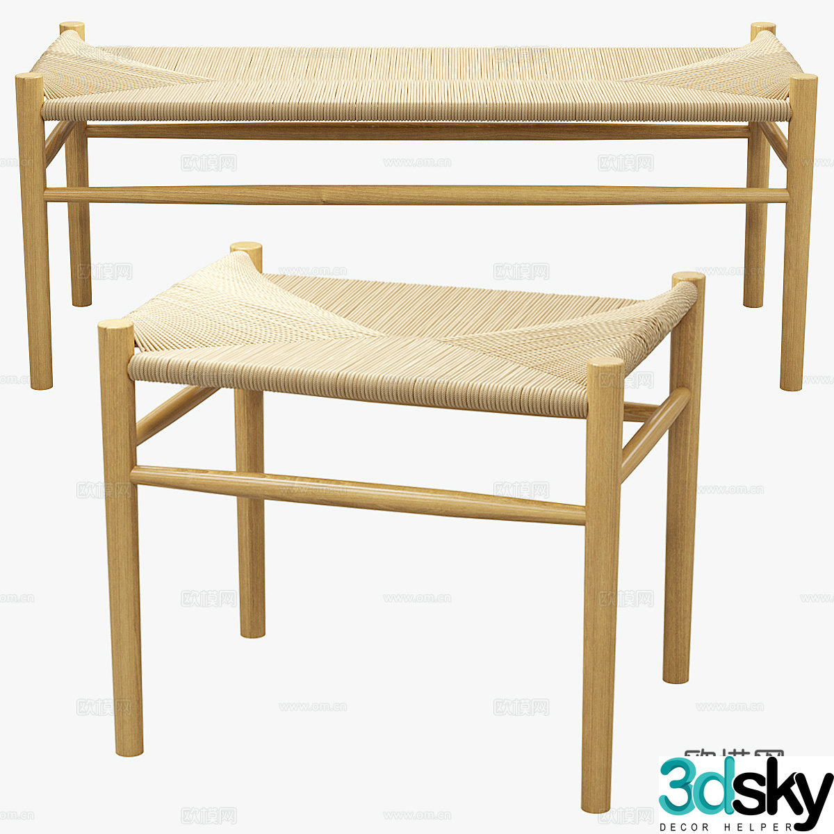 New Chinese style rattan bench shoe changing stool strip stool 3D model