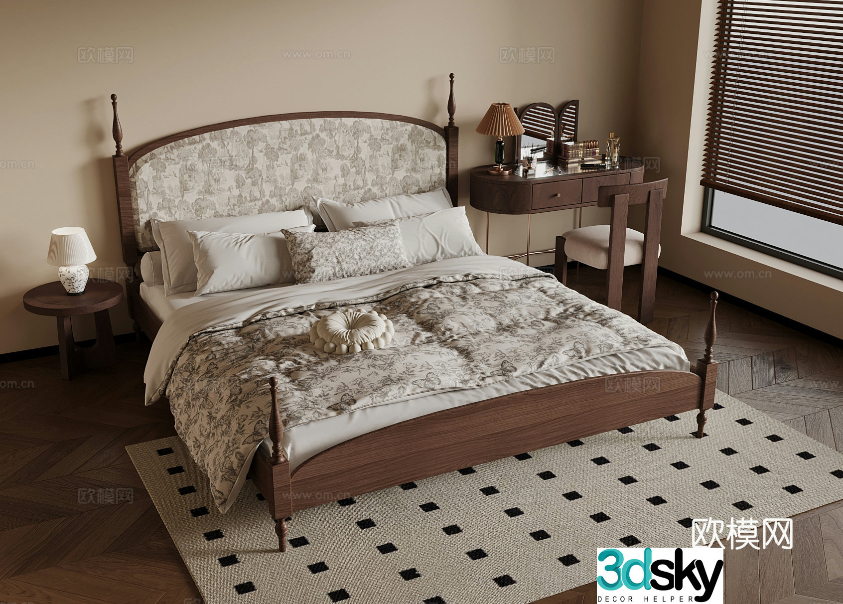 French medieval style double bed dressing table 3d model