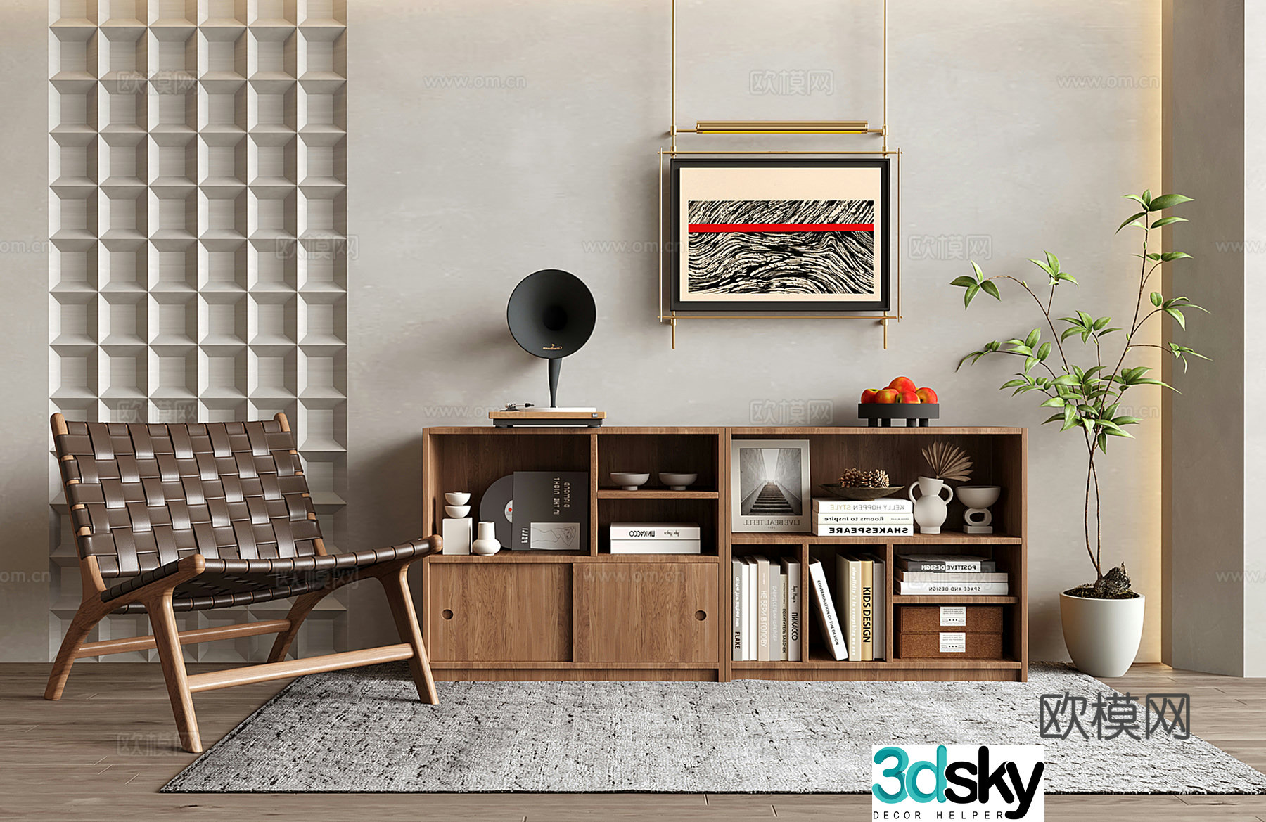Middle-aged style leisure chair floor-standing shelf potted plant decorative painting 3D model