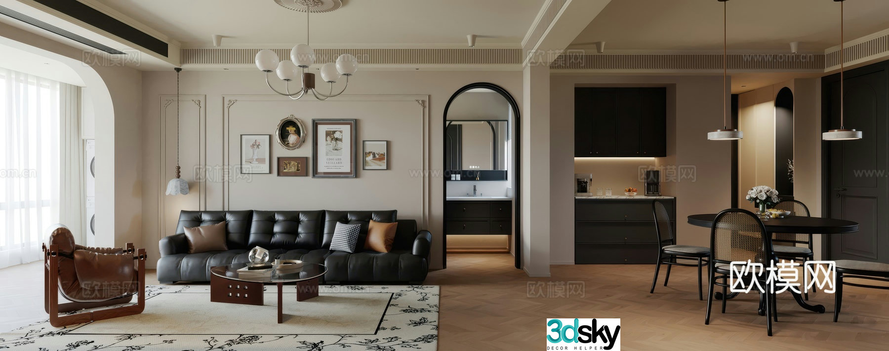 French living and dining room 3d model