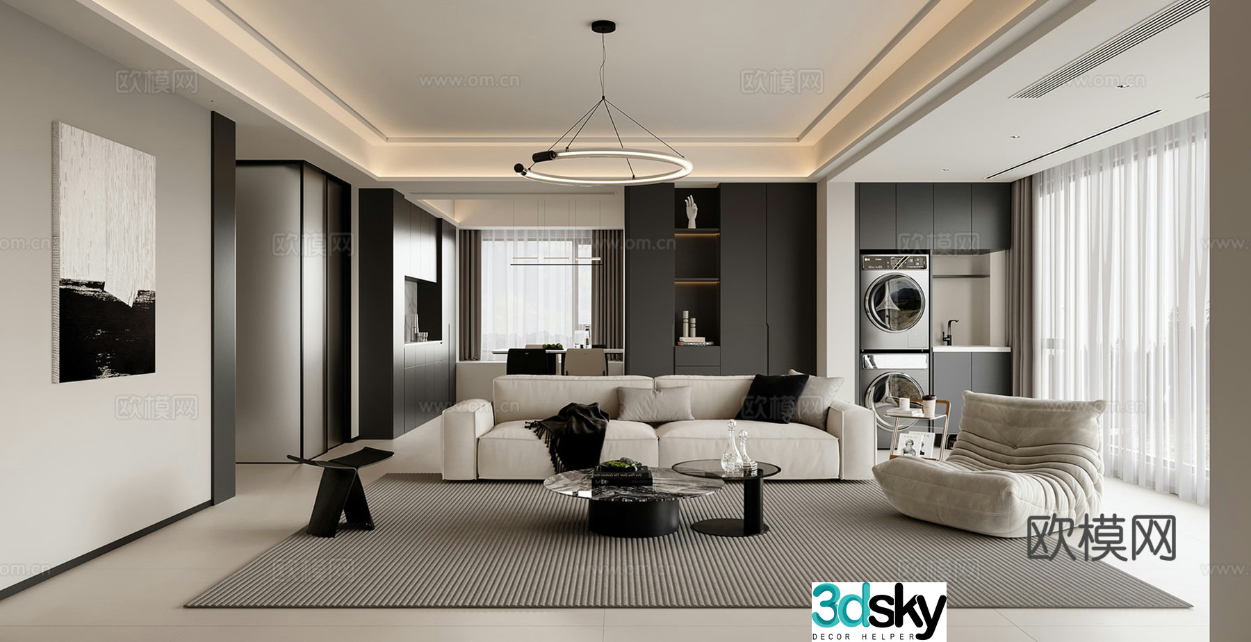 Modern simple black white and gray living room 3d model