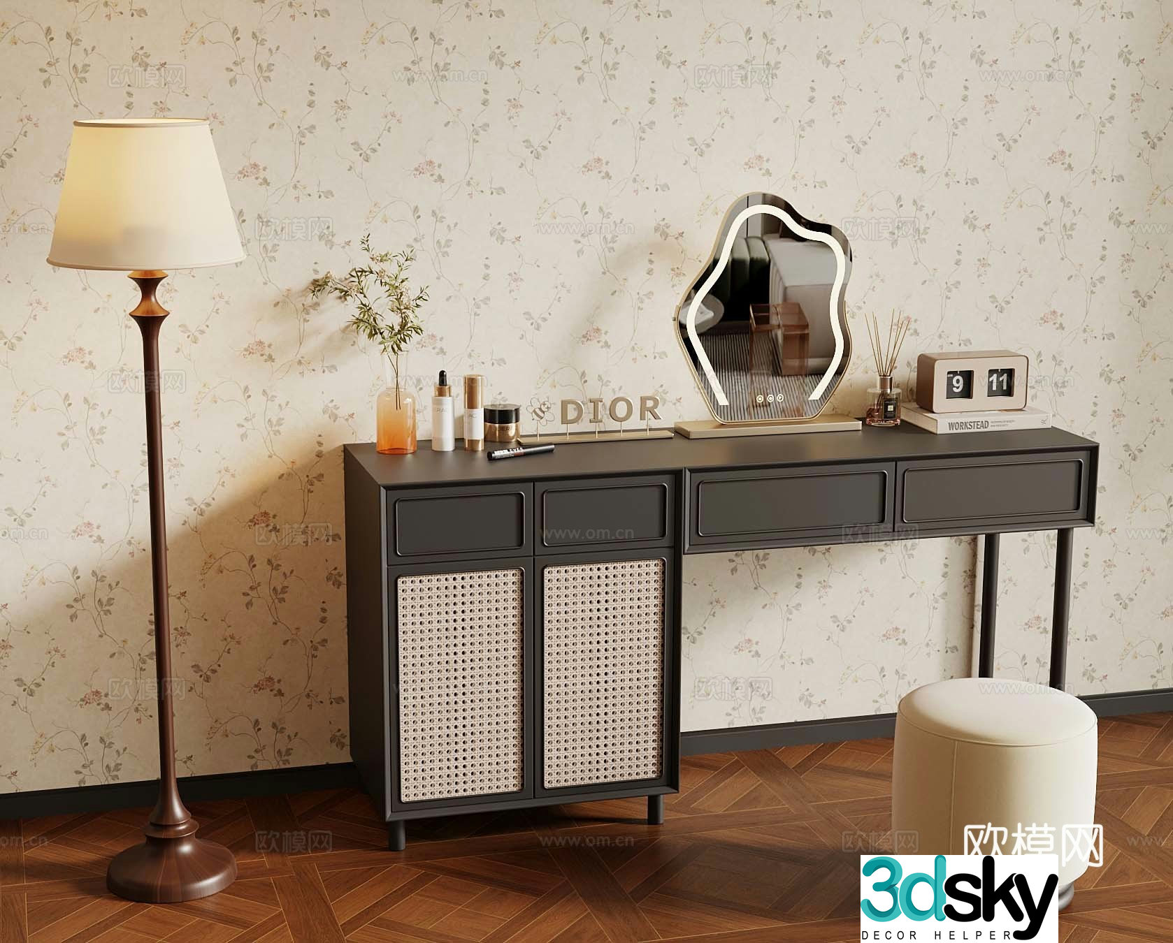 French dressing table rattan dressing table floor lamp 3d model