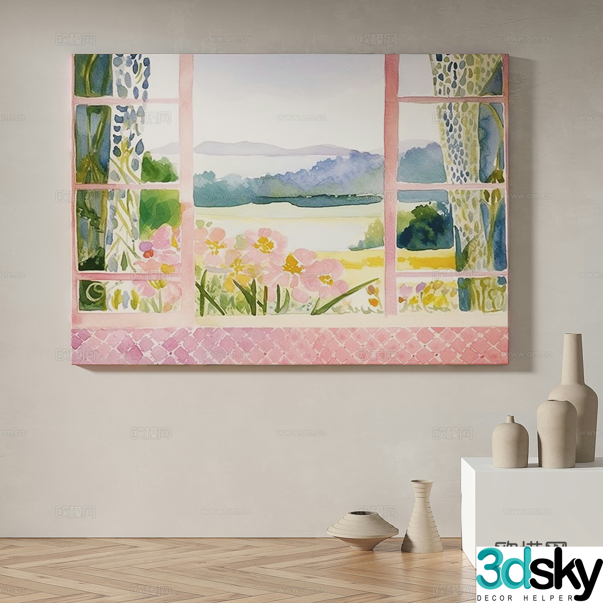 Modern simple abstract retro oil painting cream style decorative painting 3d model